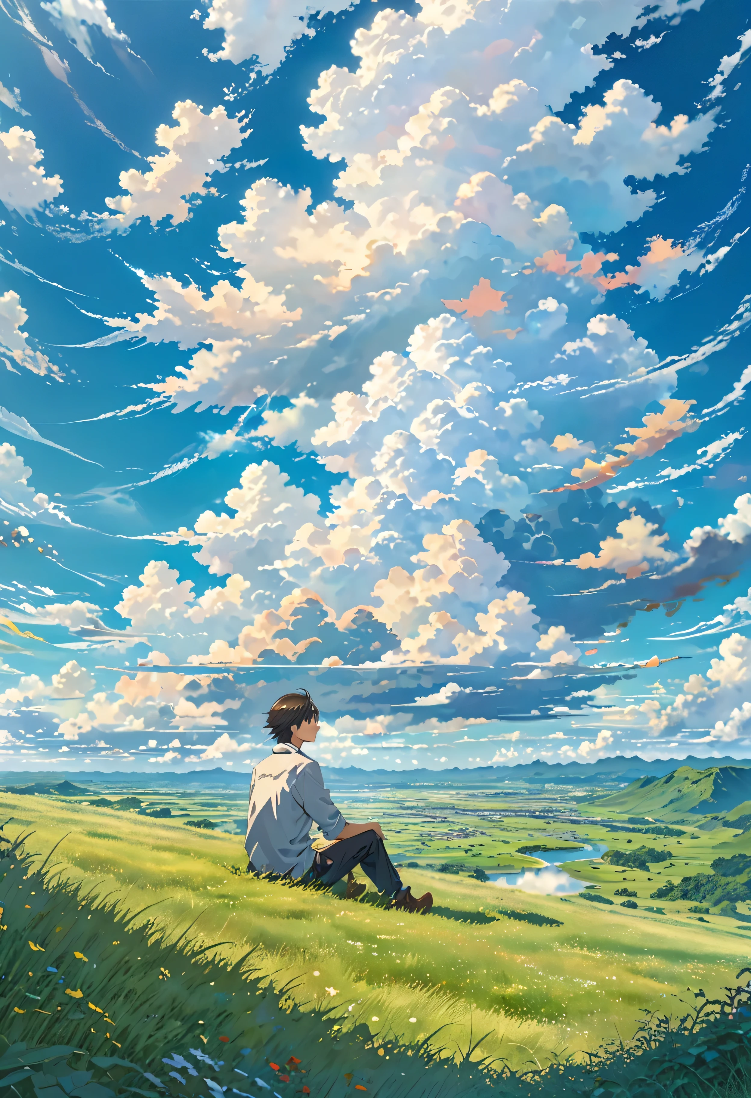 anime, anime landscape, beautiful hair, sitting in grass, guy looking at clouds, in a grassland, creative, realist, white clouds, blue sky, landscape amazing, guy looking away from camera, wide photo