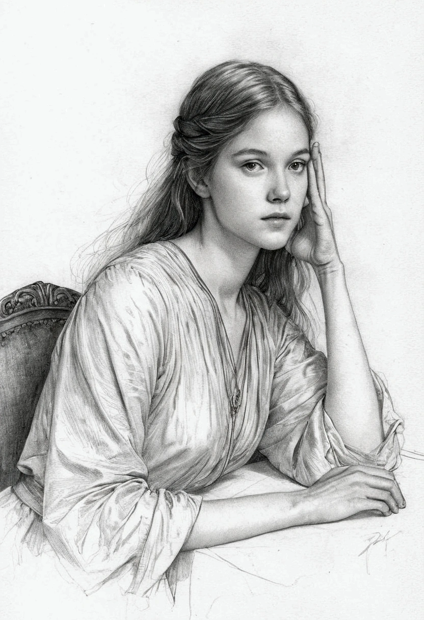 A delicate, graphite sketch portrays a nude libarian girl sitting behind a medival desk, her features rendered in subtle shading and precise lines. The framing is tight, focusing attention on the subject's serene face. Soft, feathery strokes convey the gentle texture of her hair, while the delicate curve of her neck is emphasized by the pencil's softness. The overall mood is contemplative, as if the woman is lost in thought.