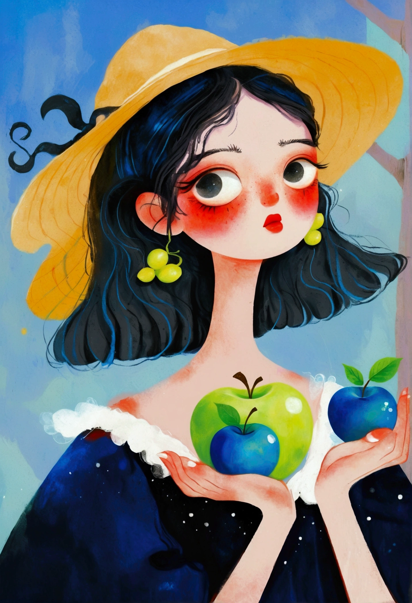 A painting of a woman holding a blue apple, Jin Nong&#39;s Surrealism, Winner of the Behance competition, Pop surrealism, Color illustrations, A beautiful artistic illustration, Colorfull illustration, Pop surrealism art style, Digital illustration style, Fantasy illustrations, Illustration Art, Magical surrealism, Digital fantasy illustration, Pop surrealism lowbrow art style