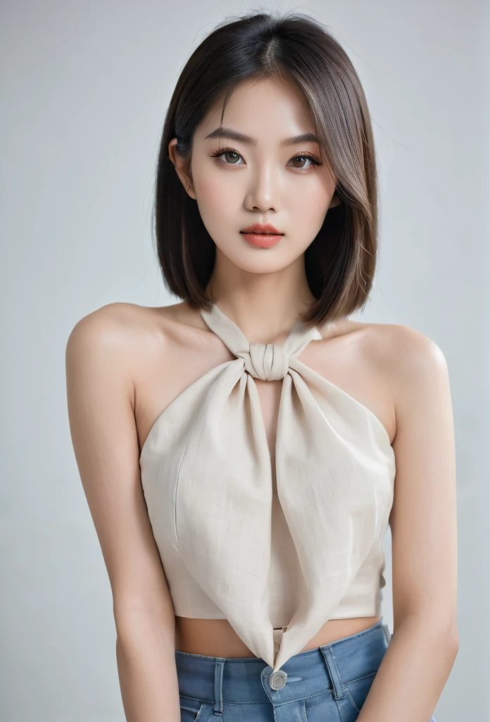 beautiful and attractive, 23-year-old Thai girl, 162-centimeter height, natural-ivory skin tone, (rounded-face), little-eyes, black eyes, (((korean monolid-eyes))), (clear-detailed eyes), centered-focus eyes, natural-gloss full-lips, (straight shoulder-length bob haircut), ((gray and silver highlights on black hair)), (clear-detailed hairs), ((naked small-breasts)), hourglass-slim figure, narrow shoulders, long neck, slim waist, rich-detailed skin texture, skin detention, white crop-tops, high-waist blue skinny-denim, Cartier’s rose-gold love necklace, (clear rich-detailed necklace), (((too tight Parisian-scarf with a big-knot scarf tightly strangle neck and long-tail scarf behind back))), ((rich-detailed scarf texture)), (((linen-cotton ribbed beige-color scarf with scarf-knot and tail))), look up to viewer, best highly-details and quality, 8k, HD photo