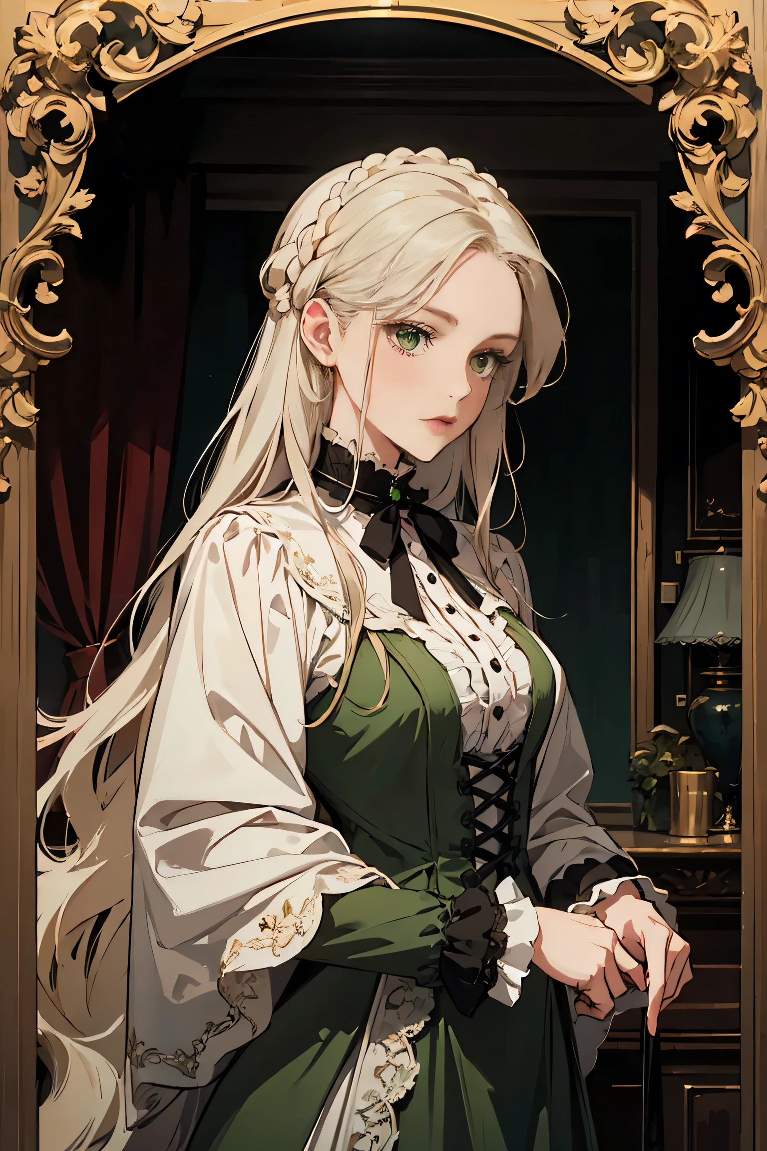 Long White-haired woman with green eyes, wearing Victorian era green gown.