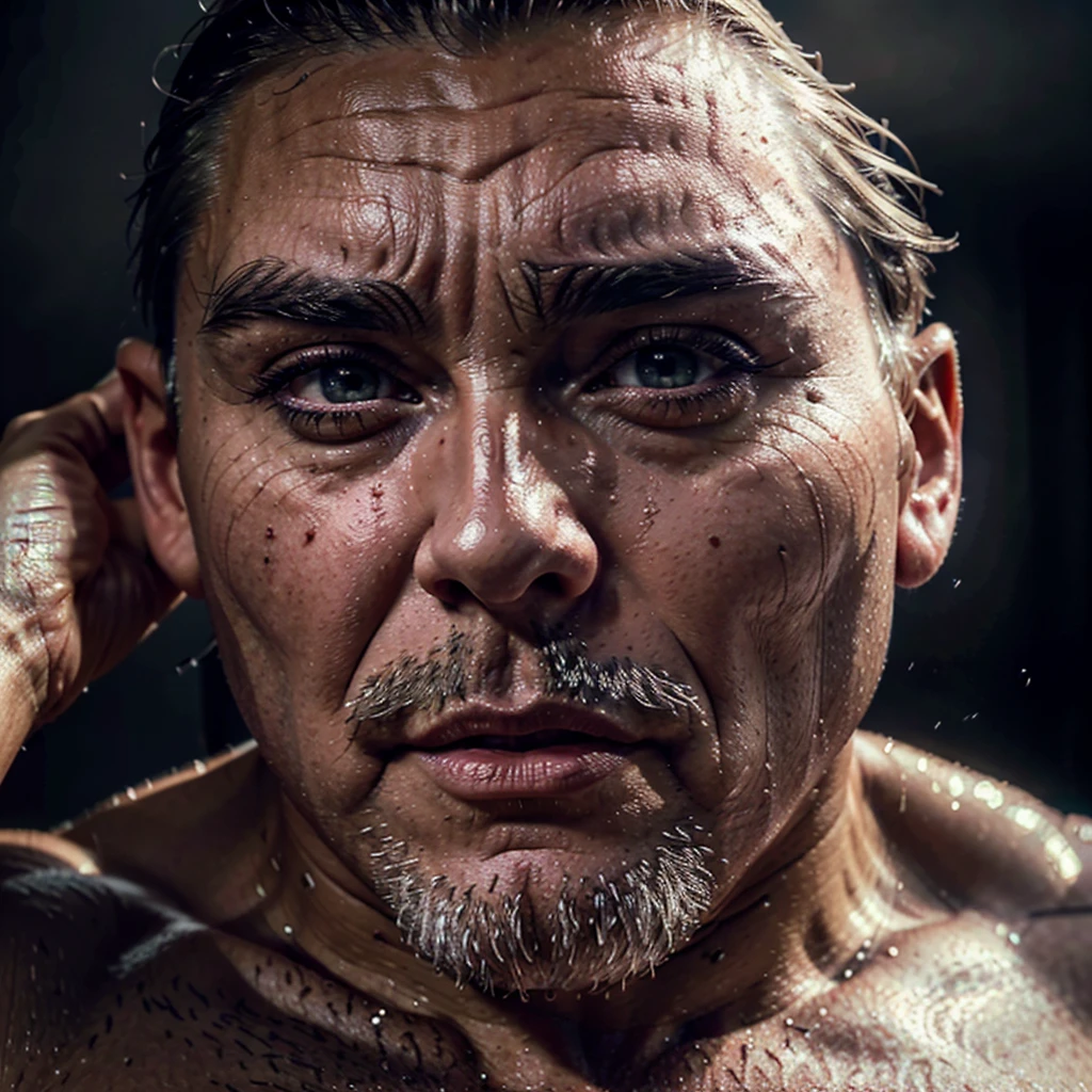 muscular old man, detailed face, beautiful detailed eyes, beautiful detailed lips, extremely detailed eyes and face, long eyelashes, powerful muscular body, slightly chubby, shirtless, sensual pose, dramatic lighting, cinematic, dark moody lighting, photorealistic, 4k, best quality, ultra-detailed, realistic, photo-realistic, HDR, physically-based rendering, professional, vivid colors
