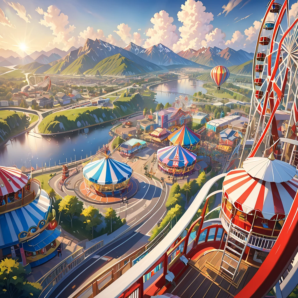 A scenic landscape view from the top of a ferris wheel gondola, distant residential area with mountains, amusement park, golden hour lighting, cinematic composition, dramatic clouds, intricate details, vibrant colors, photorealistic, highly detailed