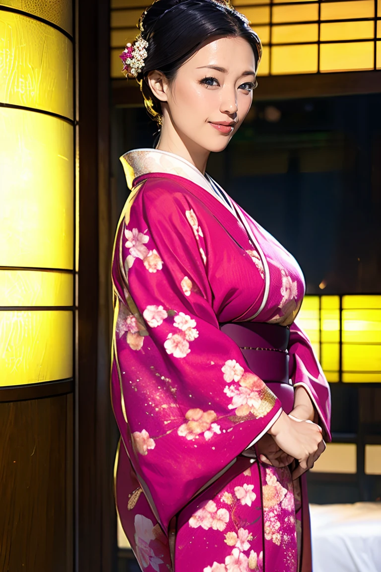 (Highest quality、Tabletop、Best image quality、Award-winning works)、 Beautiful hostess、(A beautiful kimono with an elegant and gorgeous floral pattern:1.3)、Perfect female portrait photography、Glowing Skin、Standing Elegantly、(Blurred background of elegant Japanese-style room in luxury ryokan:1.3)、(The most elegant Japanese-style room:1.1)、(Elegant and beautiful shoji screens:1.1)、(Elegant and beautiful sliding doors:1.1)、Tatami room、(An elegant and perfect Japanese-style room:1.1)、(The most romantic and moody:1.1)、(Tyndall effect:1.2)、Great cinema lighting、Glowing Skin、smile、(Large Breasts:1.1)、(Voluptuous body:1.1)、Accentuate your body lines、Upper body photo、Hair Bun、smile、Standing Elegantly、Elegant standing posture