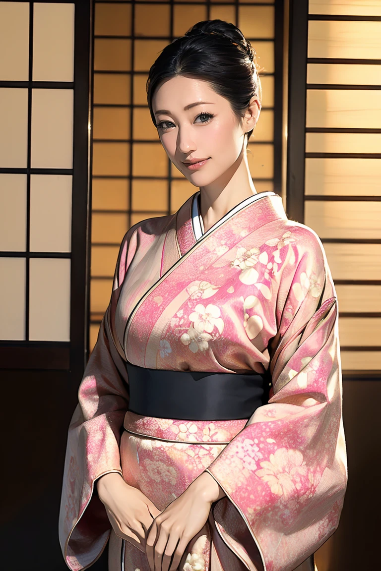 (Highest quality、Tabletop、Best image quality、Award-winning works)、 Beautiful hostess、(A beautiful kimono with an elegant and gorgeous floral pattern:1.3)、Perfect female portrait photography、Glowing Skin、Standing Elegantly、(Blurred background of elegant Japanese-style room in luxury ryokan:1.3)、(The most elegant Japanese-style room:1.1)、(Elegant and beautiful shoji screens:1.1)、(Elegant and beautiful sliding doors:1.1)、Tatami room、(An elegant and perfect Japanese-style room:1.1)、(The most romantic and moody:1.1)、(Tyndall effect:1.2)、Great cinema lighting、Glowing Skin、smile、(Large Breasts:1.1)、(Voluptuous body:1.1)、Accentuate your body lines、Upper body photo、Hair Bun、smile、Standing Elegantly、Elegant standing posture