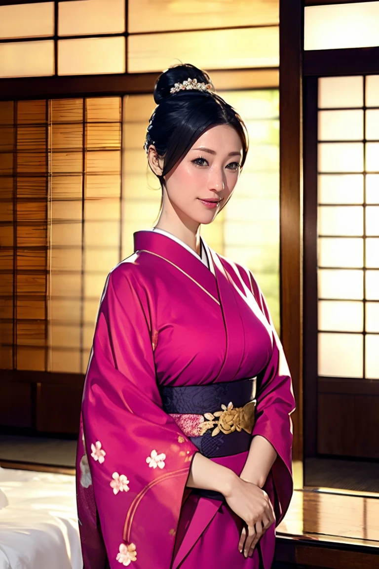 (Highest quality、Tabletop、Best image quality、Award-winning works)、 Beautiful hostess、(A beautiful kimono with an elegant and gorgeous floral pattern:1.3)、Perfect female portrait photography、Glowing Skin、Standing Elegantly、(Blurred background of elegant Japanese-style room in luxury ryokan:1.3)、(The most elegant Japanese-style room:1.1)、(Elegant and beautiful shoji screens:1.1)、(Elegant and beautiful sliding doors:1.1)、Tatami room、(An elegant and perfect Japanese-style room:1.1)、(The most romantic and moody:1.1)、(Tyndall effect:1.2)、Great cinema lighting、Glowing Skin、smile、(Large Breasts:1.1)、(Voluptuous body:1.1)、Accentuate your body lines、Upper body photo、Hair Bun、smile、Standing Elegantly、Elegant standing posture