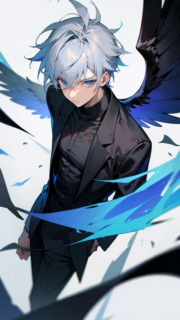 Male character gray hair and blue eyes and black wings and black clothes
