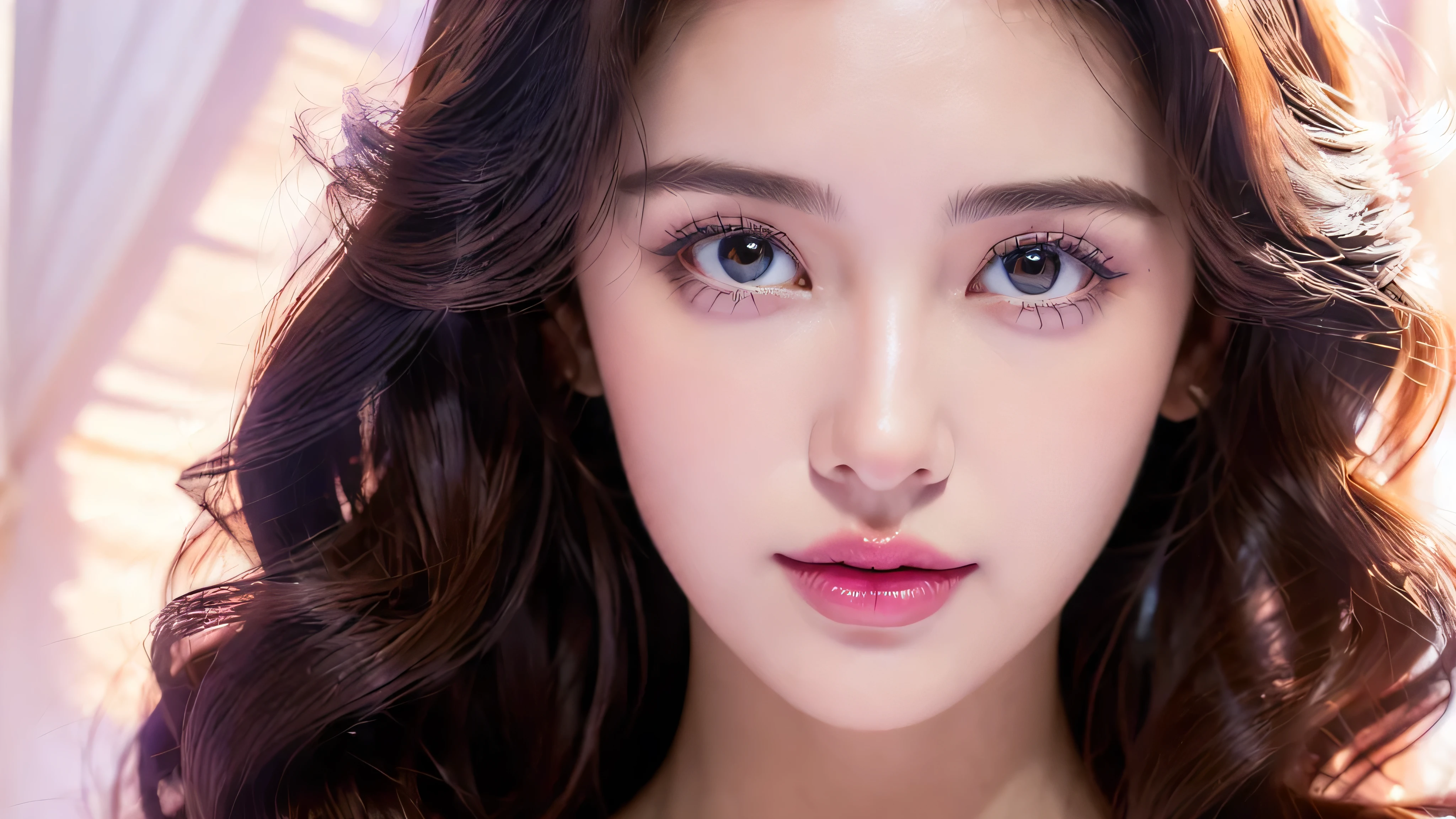 (Close-up of beautiful 28-year-old girl in classic style light purple dress, profiled face: 1.2), stock photo film, camera f1. 6, saturated colors, lively, Patterns are lifelike, Impressive classic lighting, Modern style, sexy full body photo, Evening, Medium curly hair dyed light brown, pink lipstick