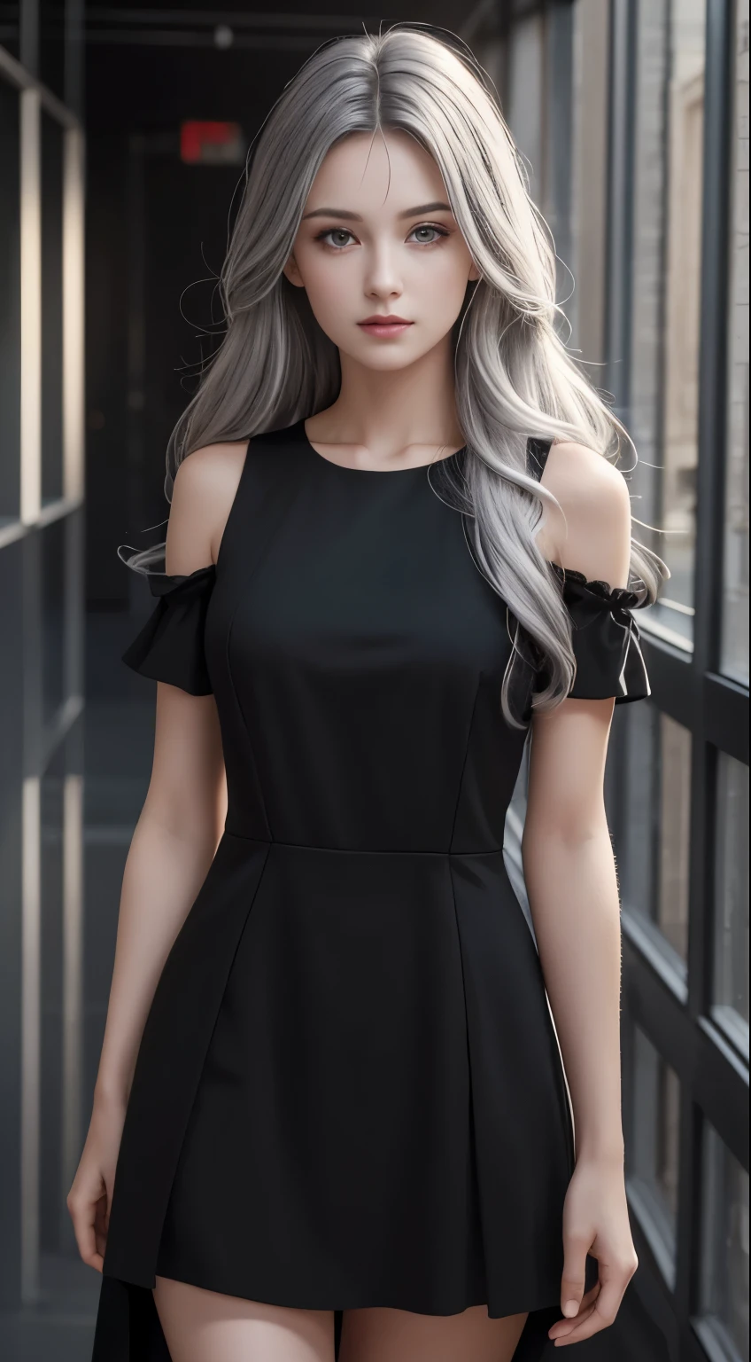 face lighting,bright backlight,ultra high resolution,highest quality,photograph,4K,Biz,1 girl,removed sleeve,alone,dress,gray hair,long hair,(black eye:1.2),red dress,(whole body:1.5),looking at the viewer,
