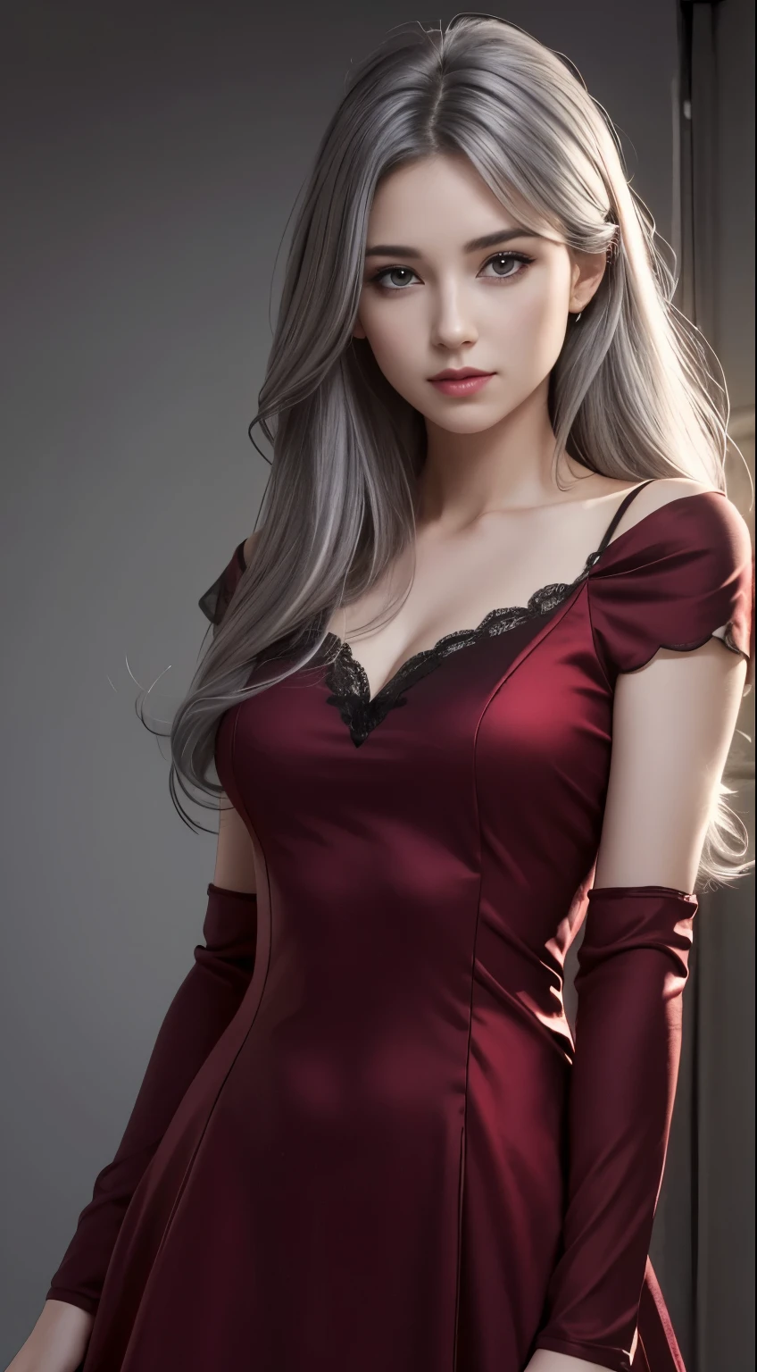 face lighting,bright backlight,ultra high resolution,highest quality,photograph,4K,Biz,1 girl,removed sleeve,alone,dress,gray hair,long hair,(black eye:1.2),red dress,(whole body:1.5),looking at the viewer,