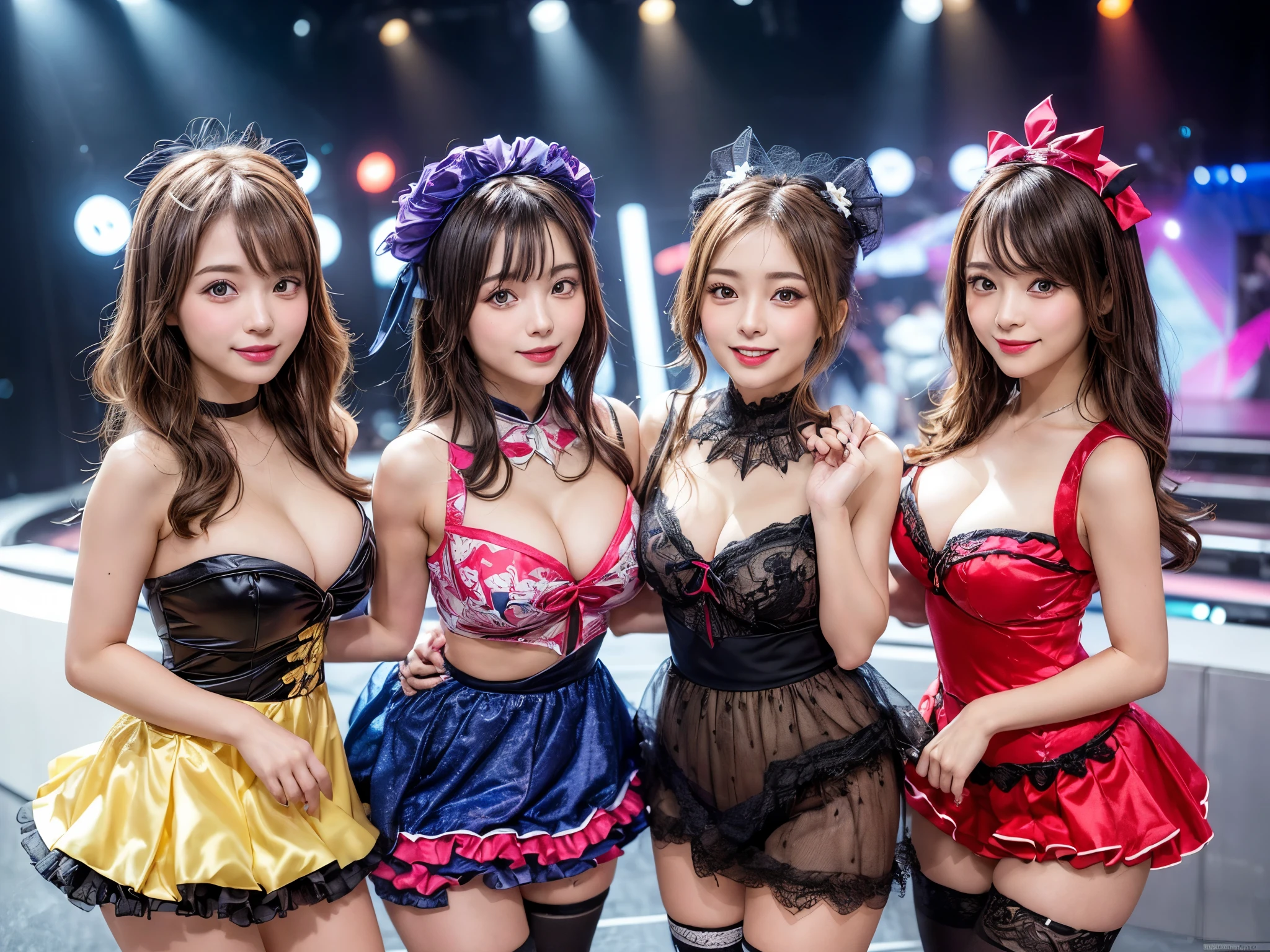 Pay attention to navigation, ((masterpiece)), ((highest quality)), (highly detailedな), ((Cute)), Cute, (Multipoint), ((Sexy)), (device), ((very detailed)), 4k, (8k), highest quality, (Beautiful), hyper Cute face, shape, Animated style,hyper Authenticistic, Authentic, Dynamic angle, ((full body)) , close up, thick outline, light outlines, on stage, (three girls, 3 Mignon girls:1.5), (Idol costumes:1.5), Beautiful light brown hair, Beautiful brown eyes, ((Beau eyes)), Short hair, Big breasts, smile