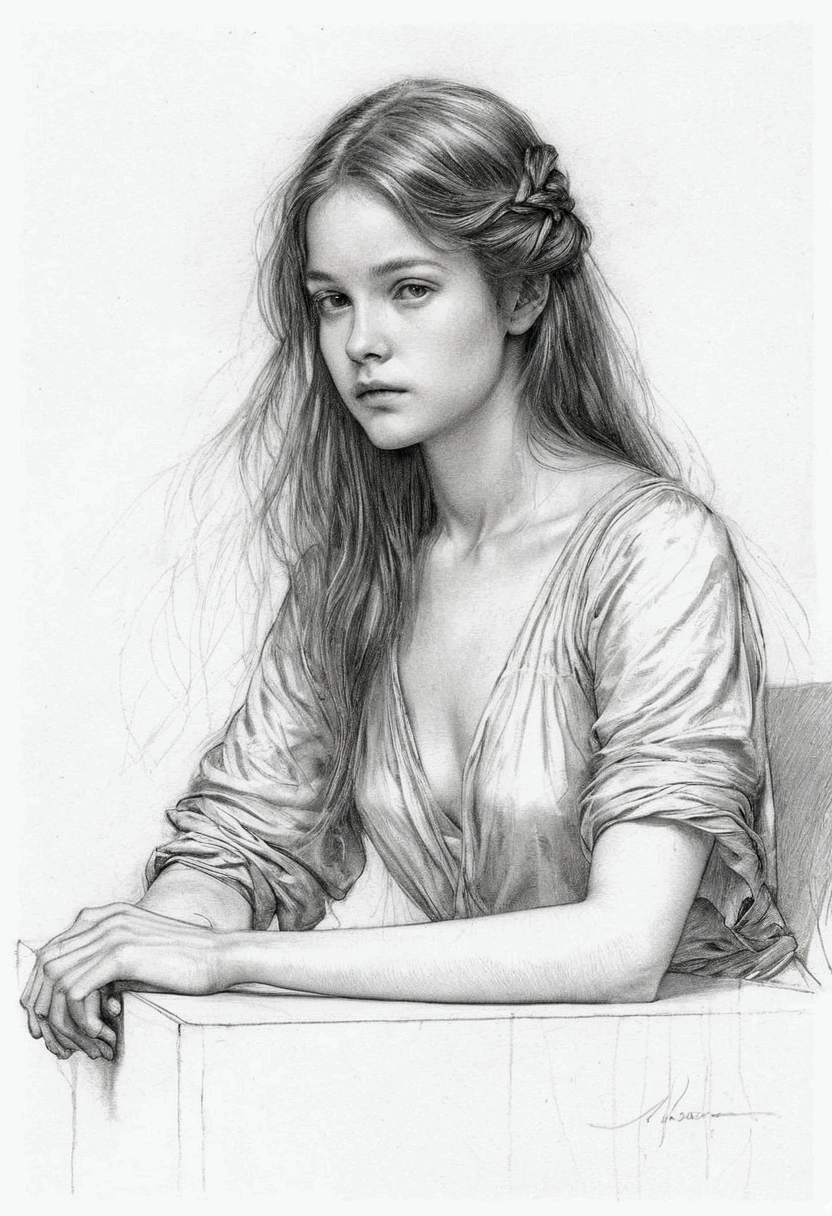 A delicate, graphite sketch portrays a naked libarian girl sitting behind a medival desk, her features rendered in subtle shading and precise lines. The framing is tight, focusing attention on the subject's serene face. Soft, feathery strokes convey the gentle texture of her hair, while the delicate curve of her neck is emphasized by the pencil's softness. The overall mood is contemplative, as if the woman is lost in thought.