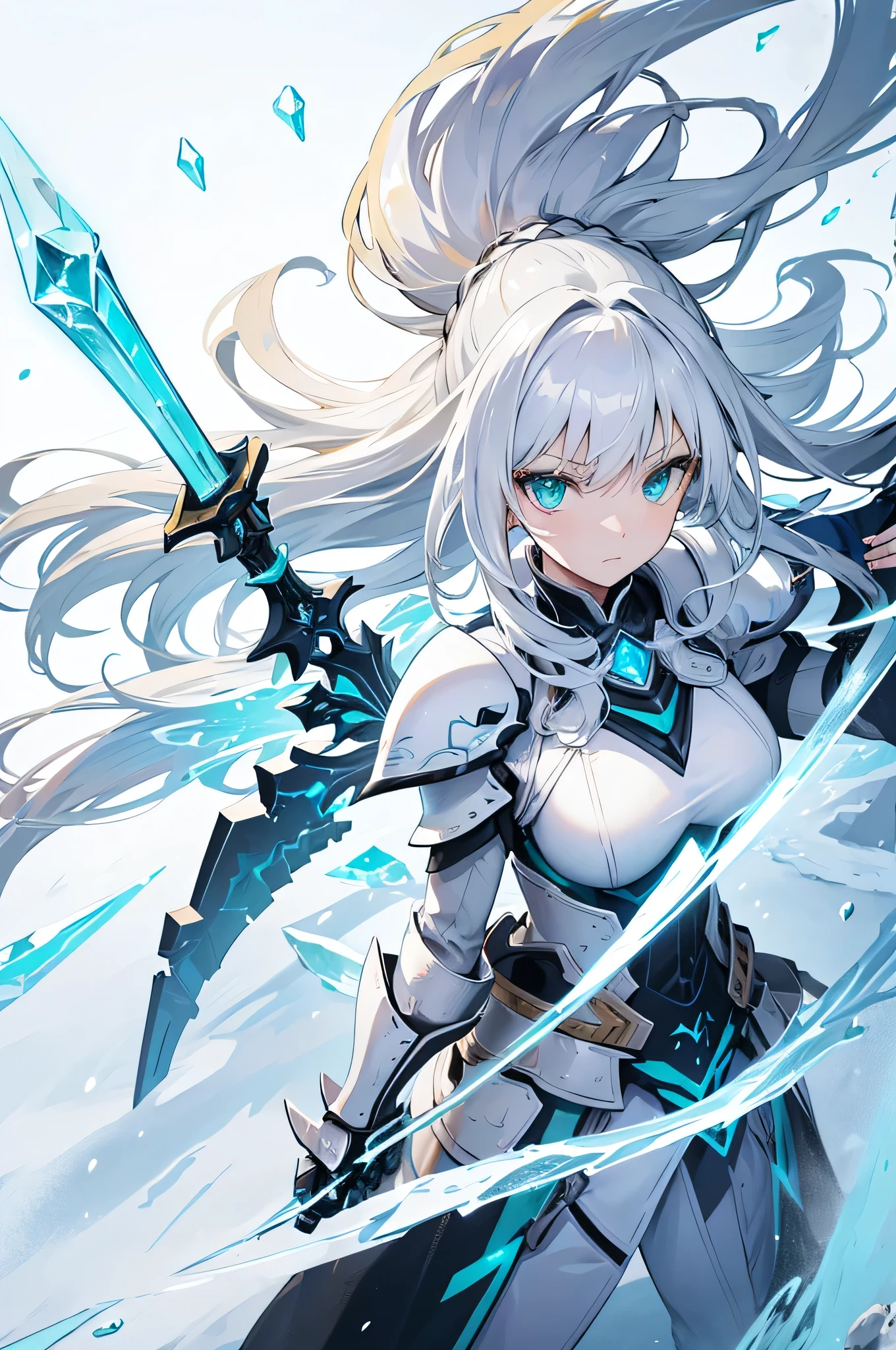 4K,high resolution,A woman,White and yellow hair,Langheier,Bright green eyes,brave,armor made of ice,Crystal sword,Snow Country,Blizzard background