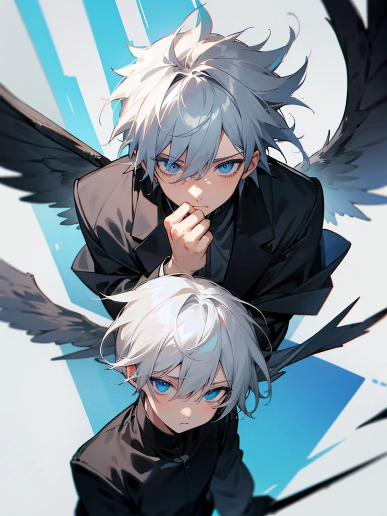 Male character gray hair and blue eyes and black wings and black clothes 