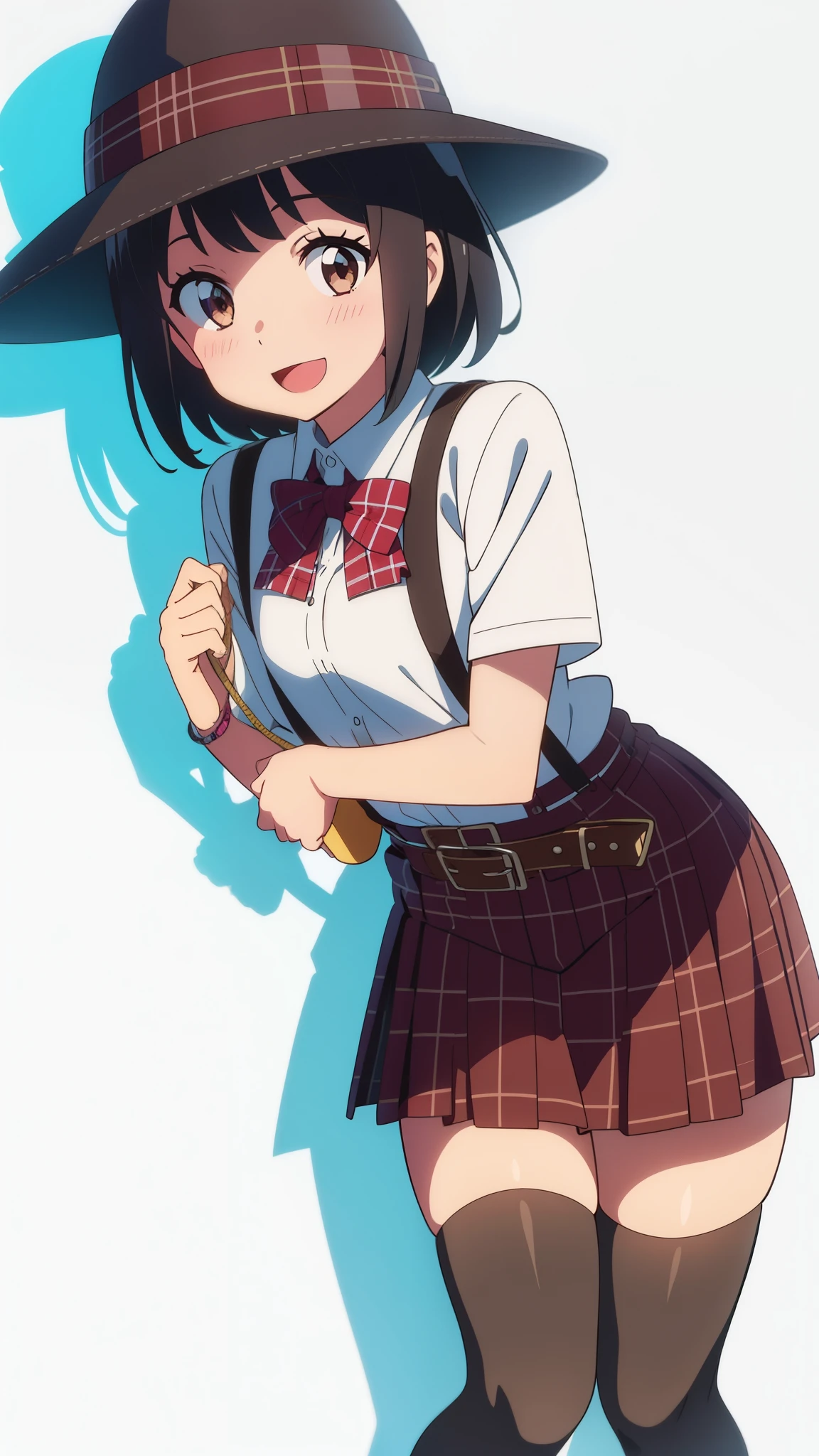 shinkai makoto, kimi no na wa., 1girl, bangs, black hair, blush, brown eyes, perfect face, looking at the viewer, bonnie hat, black suspenders, plaid t-shirt, garterbelt, sight, plaid skirt, belt, short hair, solo, happy, shinny skin, smile, cute, open mouth, :D, black thighhighs, white background