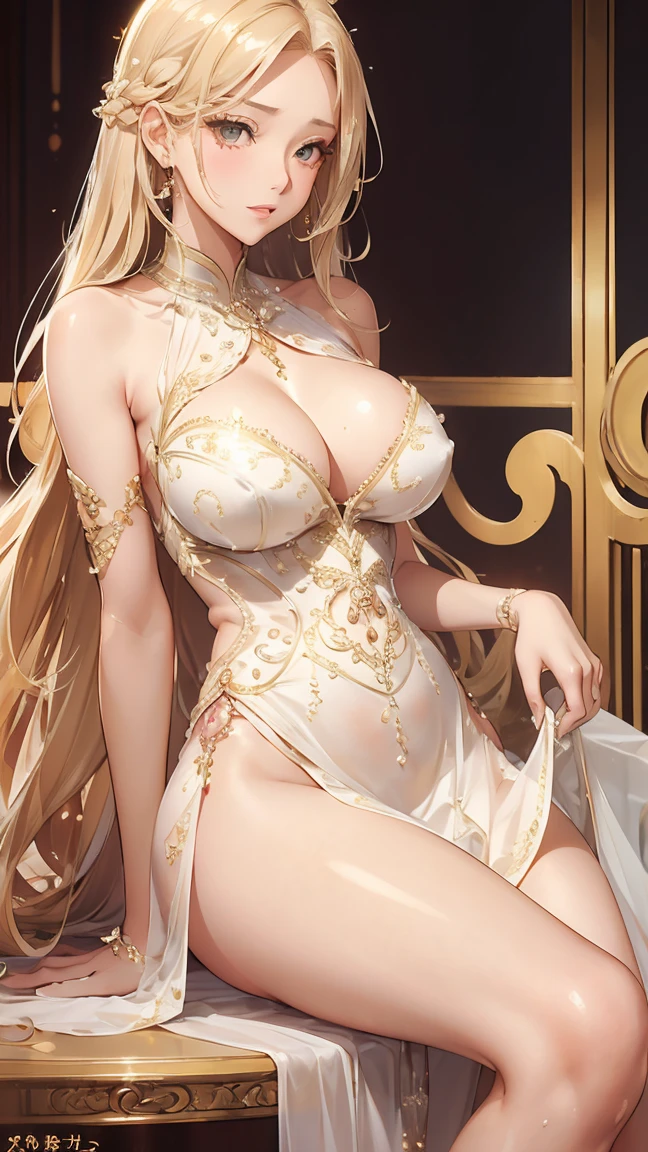 beautiful girl、Perfect body、Beautiful and bountiful breasts、Long blonde hair、((embellished  dress))、((I'Is tempting you)),Glamorous Body,Backlight,Shiny Hair,Shiny Skin,Realistic Flesh,The bite is clear,Plump thighs,Stylish clothes,Stylish accessories,Stylish hairstyle,Dynamic Angle,Dynamic Pose,Nipple erection,See-through,