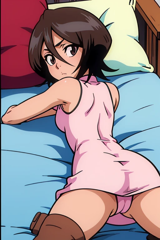 tennis girl's massive rear butt cheeks out of bottomless slutty mini dress out bare and brown boots, showing her butt, lying down, on bed, wearing oven mittens under big pillow, blindfold