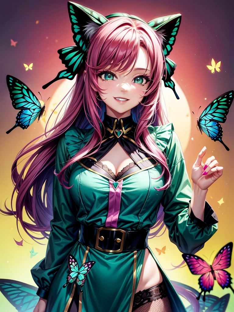 Magenta hair, green eyes, older woman, hair bows, cat ears, long hair, smiling face, sexy outfit, butterflies, teal and gold outfit, butterfly background, uniform top