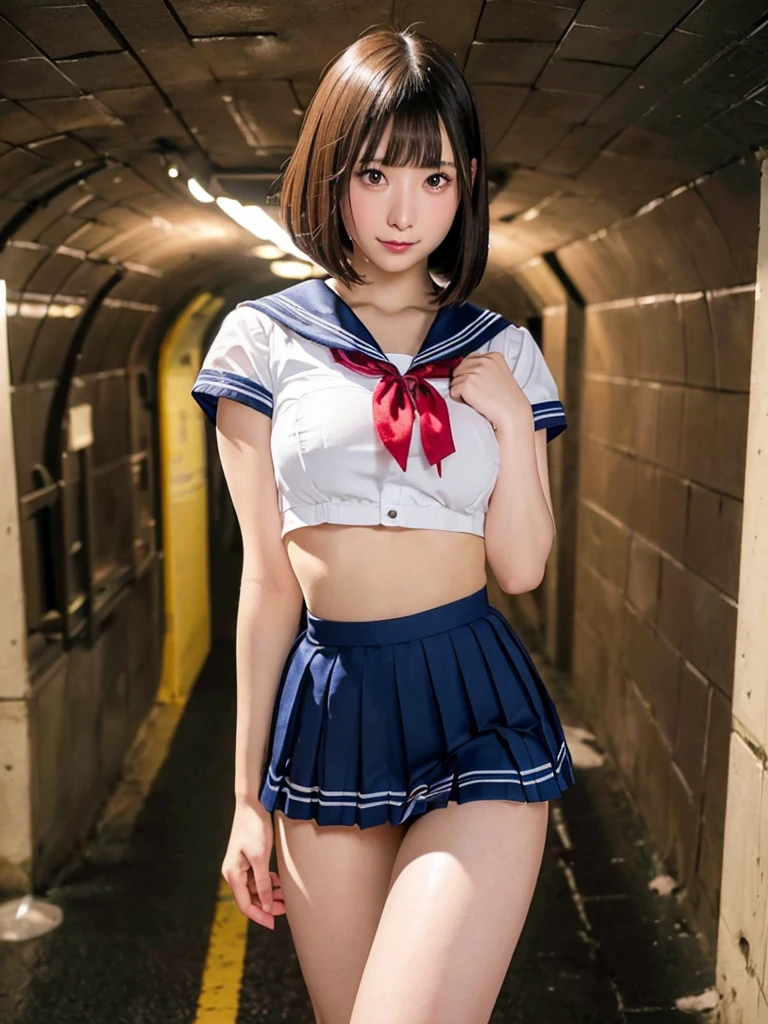 ,(Best Quality,8K,High resolution,realistic pictures:1.2),(cute girls,one girls,gravure idols),18-year-old,bob cut,Blunt bangs,thin waist,shiny skin,(sailor uniform,very short pleated miniskirt:1.3),(night time,In the underground passages:1.2),panty shot,Looking at viewer,