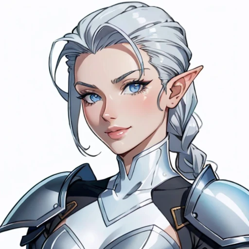 ophelia(claymore),1girl,Solo,fantasy,white skin,silver hair,show the forehead ,((slicked back hair)),((hair pulled back)),single braid,(long braid),(large braid),blue eyes,white bodysuit,white gloves,collarbone,silver pauldrons,evil smile,((simple background)),gray background,old school fantasy art,elf,silver armor