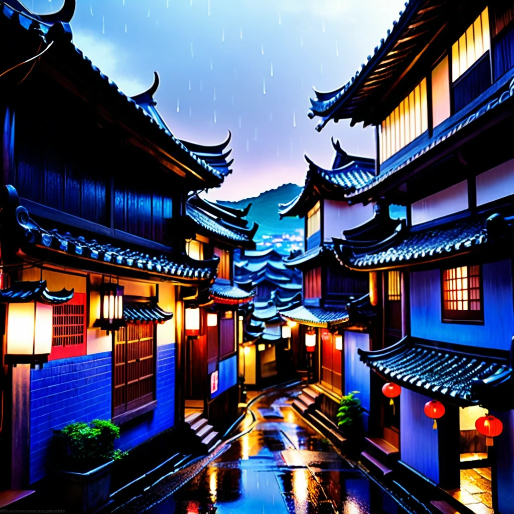 arafed view of a village with a lot of lights on the buildings, dreamy chinese town, chinese village, amazing wallpaper, japanese town, japanese village, hyper realistic photo of a town, old asian village, japanese city, by Raymond Han, rainy evening, cyberpunk chinese ancient castle, beautifully lit buildings, at evening during rain, beautiful and aesthetic, photography, cinematic, 32k, high detailed ((Heavy rain)))