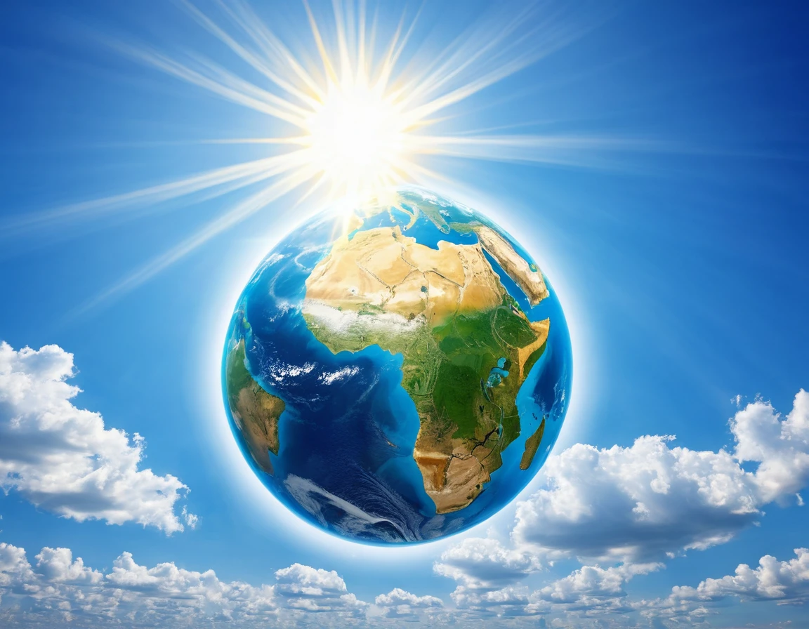 create a picture of a very beautiful sunny blue sky, with a strong sun in the shape of the African continent