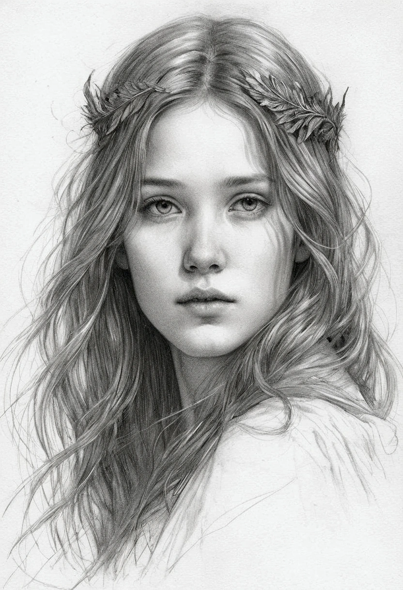 A delicate, graphite sketch portrays a naked medival healer girl, her features rendered in subtle shading and precise lines. The framing is tight, focusing attention on the subject's serene face. Soft, feathery strokes convey the gentle texture of her hair, while the delicate curve of her neck is emphasized by the pencil's softness. The overall mood is contemplative, as if the woman is lost in thought.