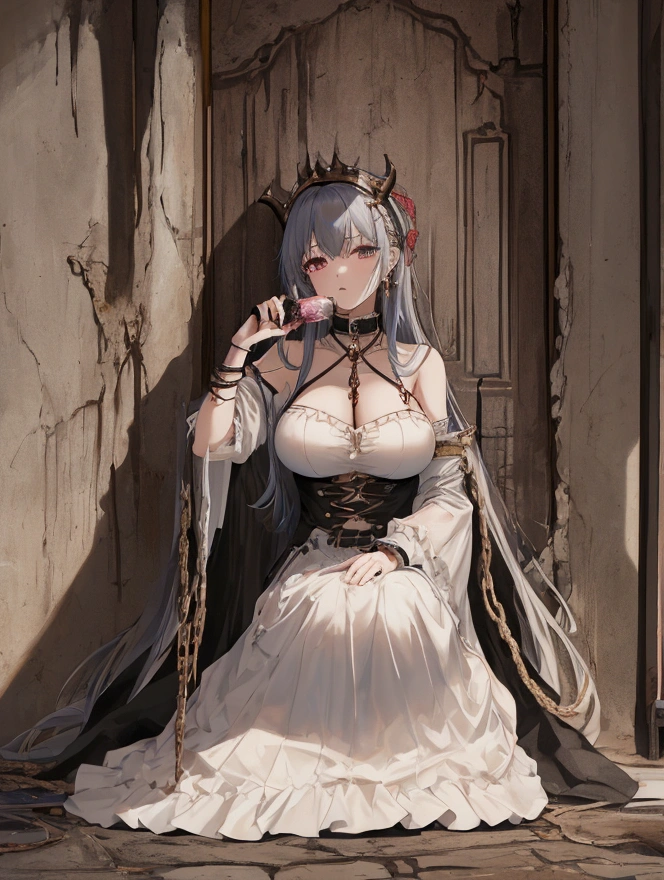 Highest quality, masterpiece, Ultra-high resolution, female、Big Breasts、The Sealed Demon King、harmlesoldy smelling basement、Old concrete wall、sit、Chained collar