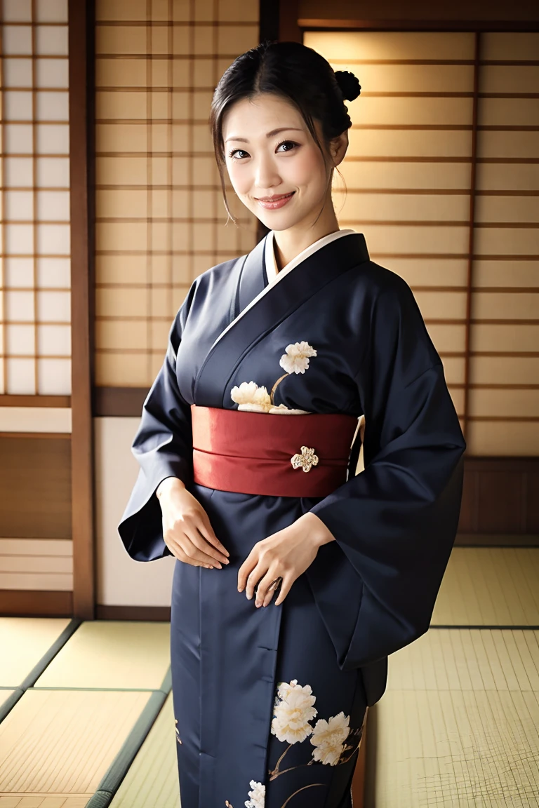 (Highest quality、Tabletop、Best image quality、Award-winning works)、 Beautiful hostess、(A beautiful kimono with an elegant and gorgeous floral pattern:1.3)、Perfect female portrait photography、Glowing Skin、Standing Elegantly、(Blurred background of elegant Japanese-style room in luxury ryokan:1.3)、(The most elegant Japanese-style room:1.1)、(Elegant and beautiful shoji screens:1.1)、(Elegant and beautiful sliding doors:1.1)、Tatami room、(An elegant and perfect Japanese-style room:1.1)、(The most romantic and moody:1.1)、(Tyndall effect:1.2)、Great cinema lighting、Glowing Skin、smile、(Large Breasts:1.1)、(Voluptuous body:1.1)、Accentuate your body lines、Upper body photo、Hair Bun、smile、Standing Elegantly、Elegant standing posture
