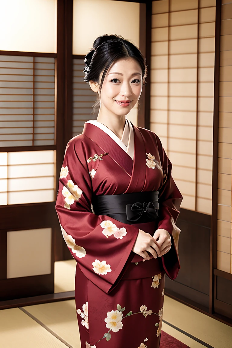 (Highest quality、Tabletop、Best image quality、Award-winning works)、 Beautiful hostess、(A beautiful kimono with an elegant and gorgeous floral pattern:1.3)、Perfect female portrait photography、Glowing Skin、Standing Elegantly、(Blurred background of elegant Japanese-style room in luxury ryokan:1.3)、(The most elegant Japanese-style room:1.1)、(Elegant and beautiful shoji screens:1.1)、(Elegant and beautiful sliding doors:1.1)、Tatami room、(An elegant and perfect Japanese-style room:1.1)、(The most romantic and moody:1.1)、(Tyndall effect:1.2)、Great cinema lighting、Glowing Skin、smile、(Large Breasts:1.1)、(Voluptuous body:1.1)、Accentuate your body lines、Upper body photo、Hair Bun、smile、Standing Elegantly、Elegant standing posture