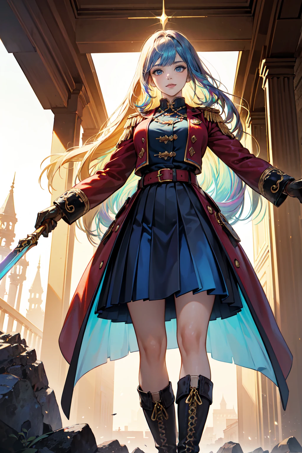 20-year-old girl, long blonde hair, blue eyes, angry expression, long dark blue skirt with gold embroidery at the hem, old-fashioned blue blouse with long fitted sleeves, adorned with red details, red leather gloves that reach her elbows, dark brown leather boots that reach mid-calf, leather belt adorned with a golden buckle and red details, her weapon is a huge greatsword with a gold and red decorated handle, hanging on her back in an ornate sheath, 8k, high quality, full body, (ultra-realistic), {extremely detailed 8k CG unit wallpaper}, expansive landscape photograph, (a view from below showing the grandeur of the character, wide open field view), (light: 2.0), (warm light source: 1.5), complex details, (iridescent colors: 1.5), (bright lighting), (atmospheric lighting), surreal, impressive, fantasy, (Solo: 1.2)