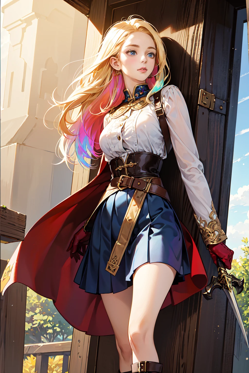 20-year-old girl, long blonde hair, blue eyes, angry expression, long dark blue skirt with gold embroidery at the hem, old-fashioned blue blouse with long fitted sleeves, adorned with red details, red leather gloves that reach her elbows, dark brown leather boots that reach mid-calf, leather belt adorned with a golden buckle and red details, her weapon is a huge greatsword with a gold and red decorated handle, hanging on her back in an ornate sheath, 8k, high quality, full body, (ultra-realistic), {extremely detailed 8k CG unit wallpaper}, expansive landscape photograph, (a view from below showing the grandeur of the character, wide open field view), (light: 2.0), (warm light source: 1.5), complex details, (iridescent colors: 1.5), (bright lighting), (atmospheric lighting), surreal, impressive, fantasy, (Solo: 1.2)