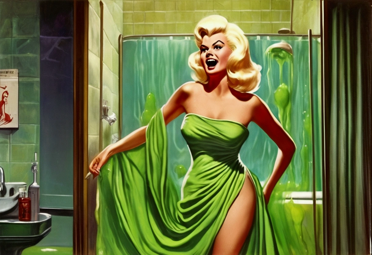 Jayne Mansfield, age 25, dressed in a bath towel, is fleeing from her bathroom which is filling with translucent slime, movie monster C'Thulu and other eldritch tentacled beasts, flesh hungry monsters, damsel in distress