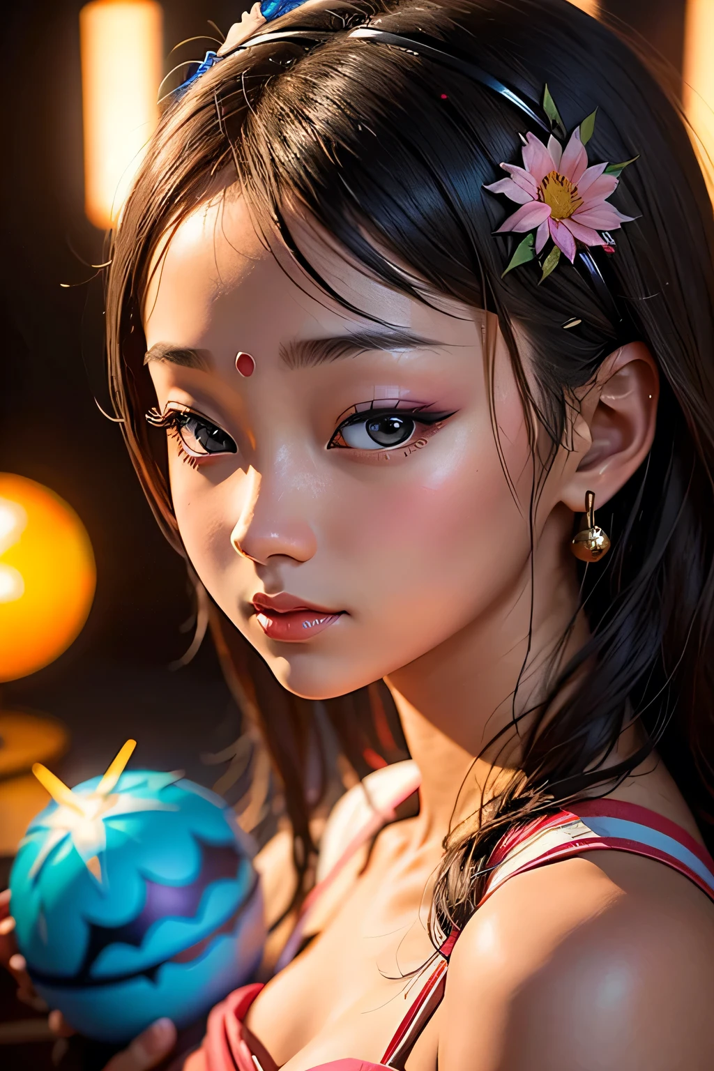 Summerfest、Pop Art、 Personification of Buddha image、Intelligent girl、Glittering lighting、No makeup、Narrow eyes、High nose