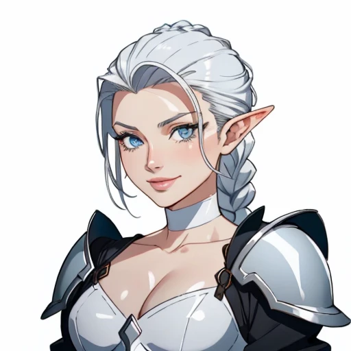 ophelia(claymore),1girl,Solo,fantasy,white skin,silver hair,show the forehead ,((slicked back hair)),((hair pulled back)),single braid,(long braid),(large braid),blue eyes,white bodysuit,white gloves,collarbone,silver pauldrons,evil smile,((simple background)),gray background,old school fantasy art,elf,silver armor,(thin rips)