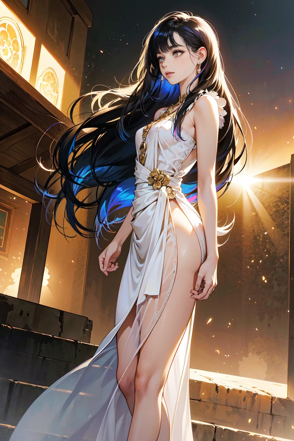 20 years old, with long black hair down to her waist, golden eyes. She wears jewelry and dresses in an antique style, donning a long white dress with golden details. She wears elegant gladiator sandals. She possesses golden powers and has a golden-themed background. Whole body, (ultra realistic), {Extremely detailed CG unit 8k wallpaper}, expansive landscape photography, (A view from below that shows the greatness of the character, wide open field view), (low angle shot), (light: 2.0), (warm light source: 1.5), Complex details, (Iridescent colors: 1.5), (bright lighting), (atmospheric lighting), surreal, Awesome, fancy, (Alone: 1.2)