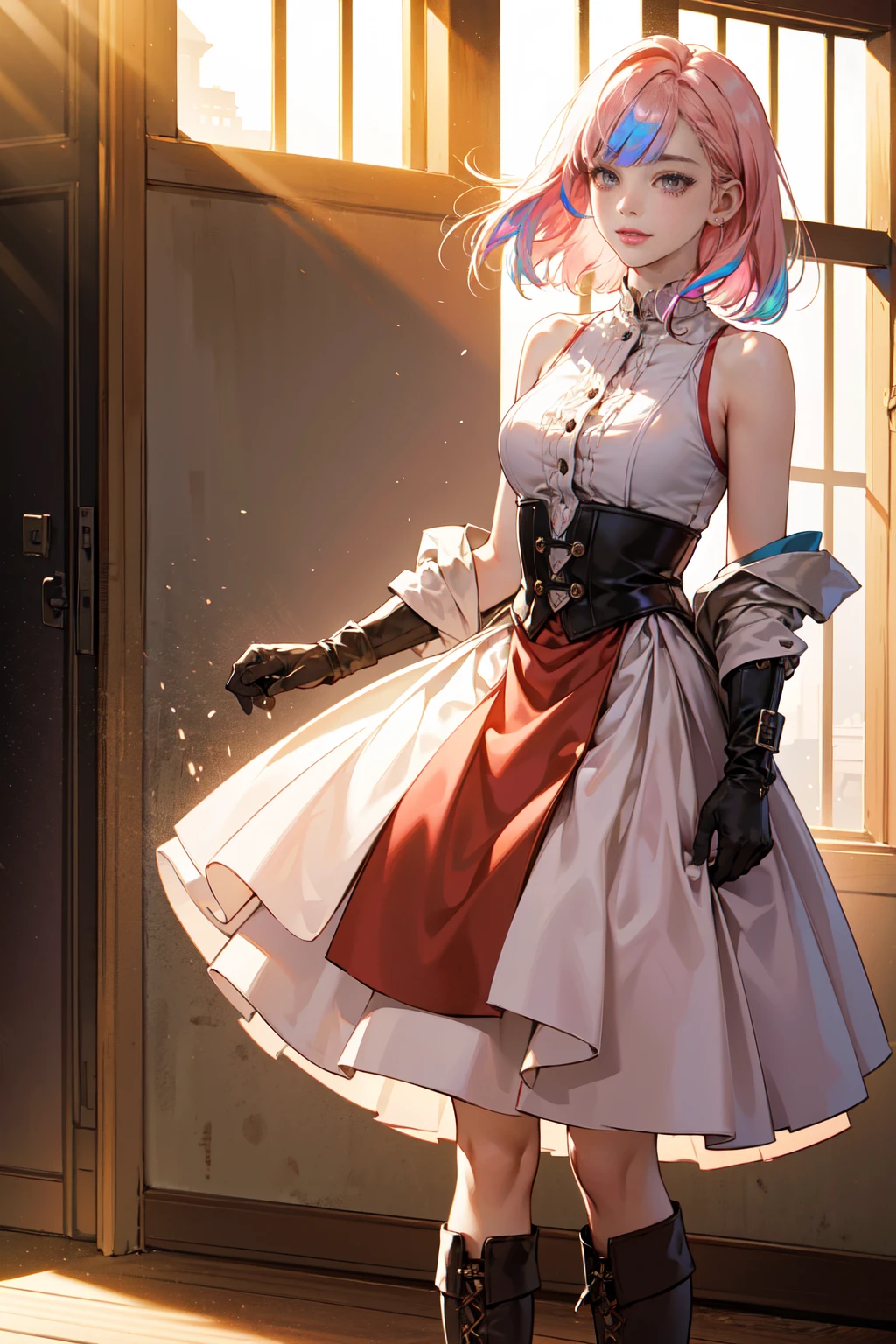 20 years old, with short pink hair just below the shoulders, pale pink eyes, and an expression that is serious yet happy. She dresses in an antique style, wearing a long light brown skirt, a sleeveless white blouse with a vertical red line down the center on the buttons, brown gloves, and high boots with many straps. Her weapons are hundreds of needles connected by thread. 8k, high quality, full body, (ultra-realistic), {extremely detailed 8k CG unit wallpaper}, expansive landscape photograph, (light: 2.0), (warm light source: 1.5), complex details, (iridescent colors: 1.5), (bright lighting), (atmospheric lighting), surreal, impressive, fantasy, (Solo: 1.2)