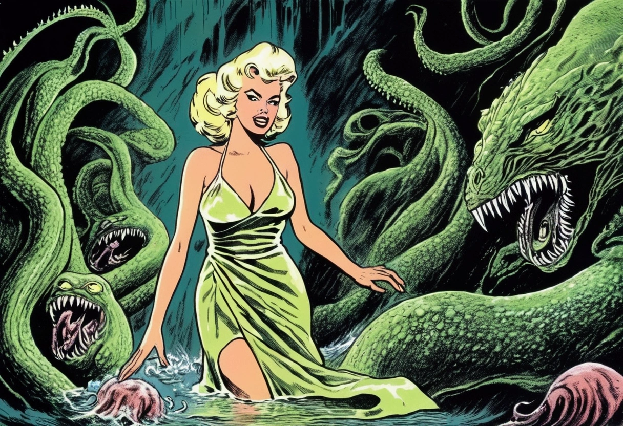 Jayne Mansfield, age 25, dressed in a bath towel, is fleeing from her bathroom which is filling with translucent slime, movie monster C'Thulu and other eldritch tentacled beasts, flesh hungry monsters, damsel in distress