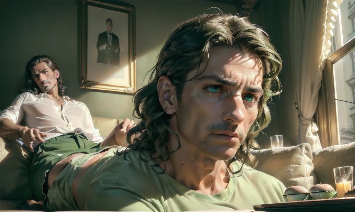 "((highly detailed, detailed eyes, detailed face, clear and realistic facial features, photorealistic, realistic light; cinematic)), (1 man), ((((classy living room background)))), (((sophisticated gorgeous beautiful refined middle-aged male artist))), ((((intense fascinated expression)))), ((mystical air)), (((green eyes))), (wavy shoulder-length brunette hair), (((dressed in a shirt and shorts)))."