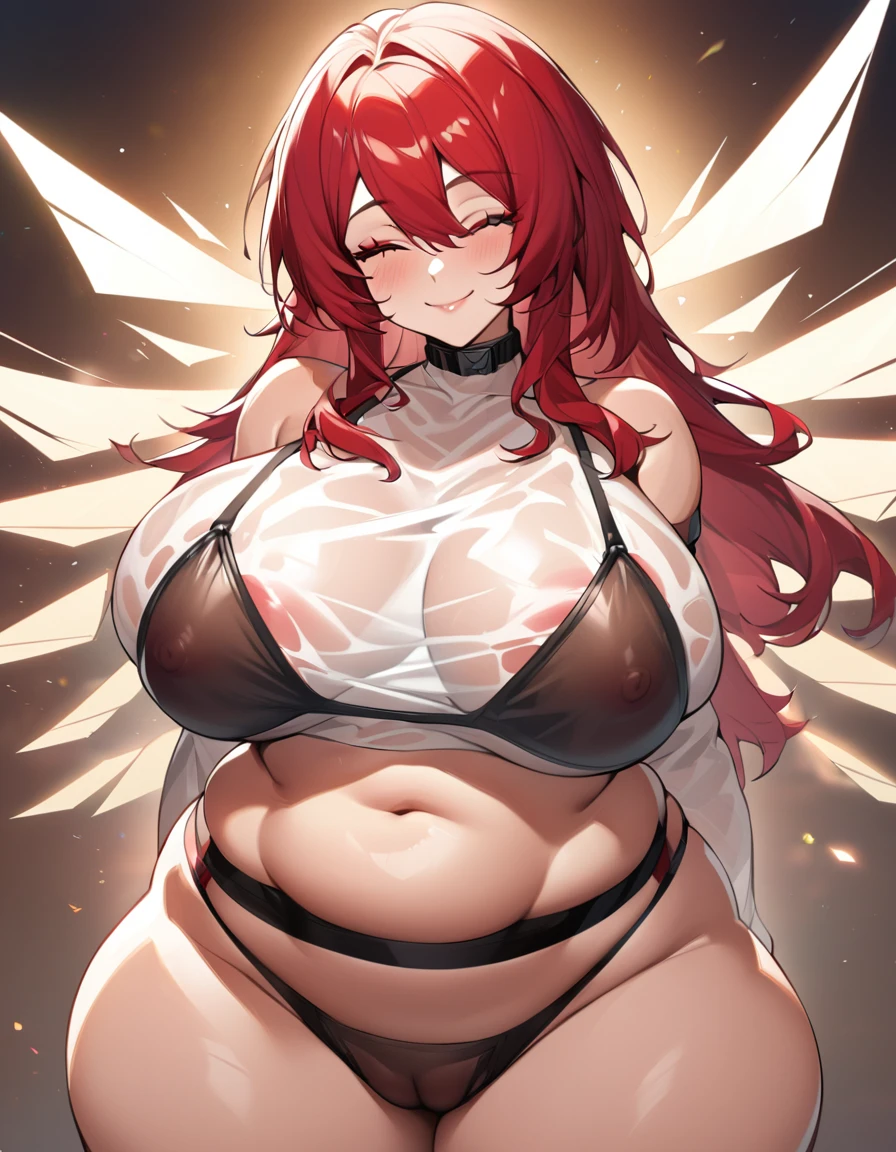 Exusiai(Arknights)red hair,very curvy body,wears see through bikini,big breast,thick thighs,fat ass,smooth midriffs,eyes closed,smiling faintly,uncensored,very nsfw.