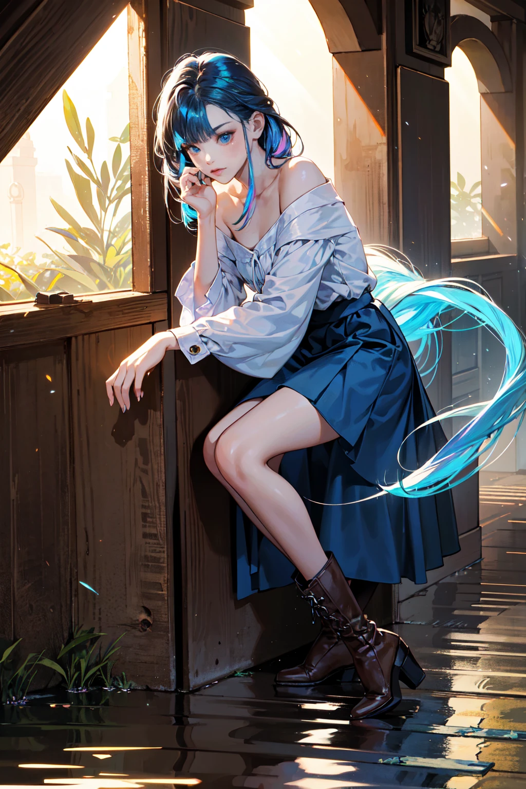 20 years old, with short dark blue hair to the shoulders, a serious yet tender expression, and bright light blue eyes. She dresses in an antique style, wearing a long dark blue skirt that reaches her knees, and small dark brown boots up to her ankles. Her white blouse is long-sleeved, covering her fingers slightly, and falls off one shoulder, leaving it exposed. She possesses water powers and has a water-themed background. 8k, high quality, full body, (ultra-realistic), {extremely detailed 8k CG unit wallpaper}, expansive landscape photograph, (light: 2.0), (warm light source: 1.5), complex details, (iridescent colors: 1.5), (bright lighting), (atmospheric lighting), surreal, impressive, fantasy, (Solo: 1.2)
