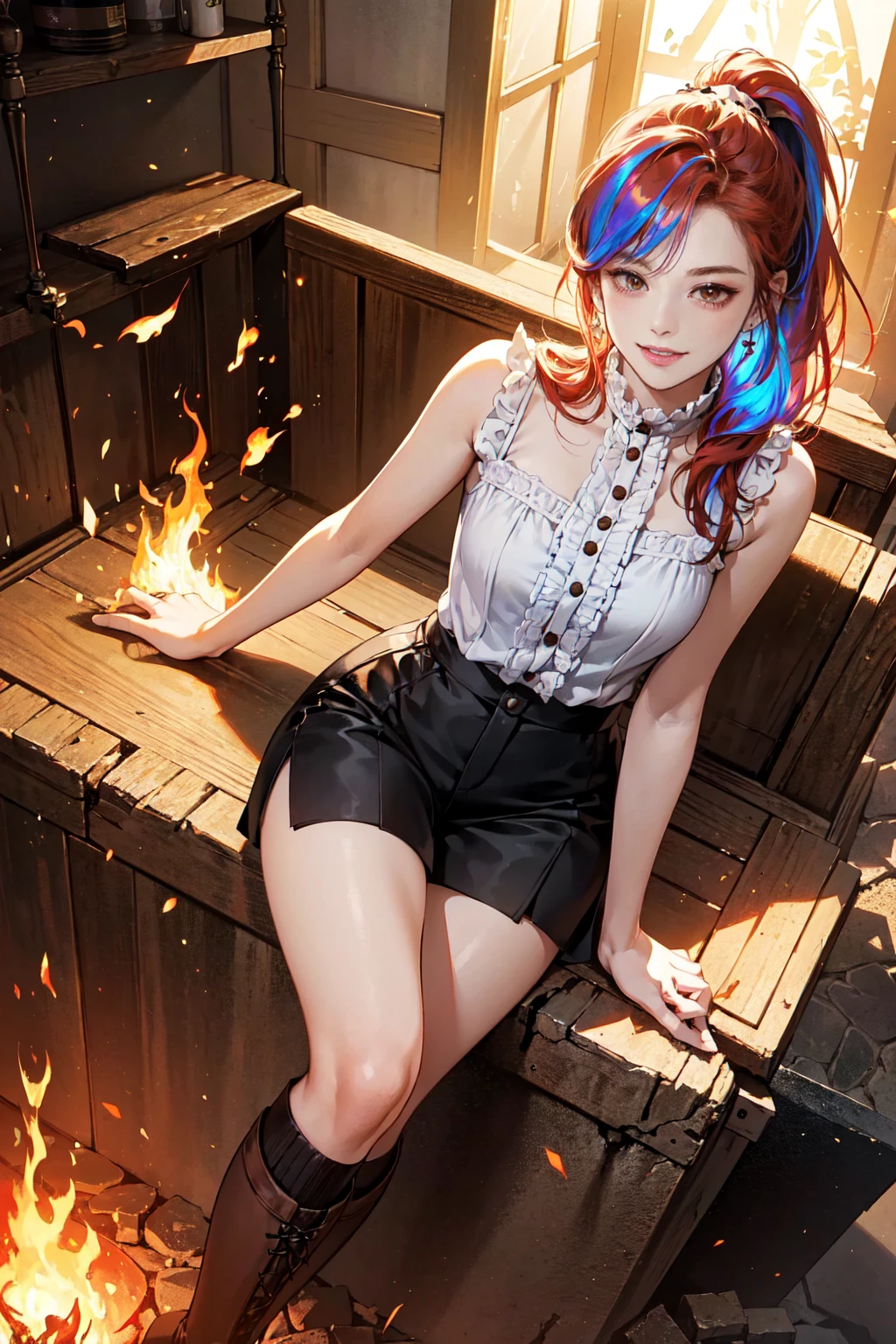 20 years old, long red hair, wears a ponytail, red eyes, always smiling. She dresses in an antique style, wearing a short brown skirt with black shorts underneath, ending above the knees. She wears knee-high brown boots. Her white blouse is sleeveless and features red details. She possesses fire powers and has a fire-themed background. 8k, high quality, full body, (ultra-realistic), {extremely detailed 8k CG unit wallpaper}, expansive landscape photograph, , (light: 2.0), (warm light source: 1.5), complex details, (iridescent colors: 1.5), (bright lighting), (atmospheric lighting), surreal, impressive, fantasy, (Solo: 1.2)