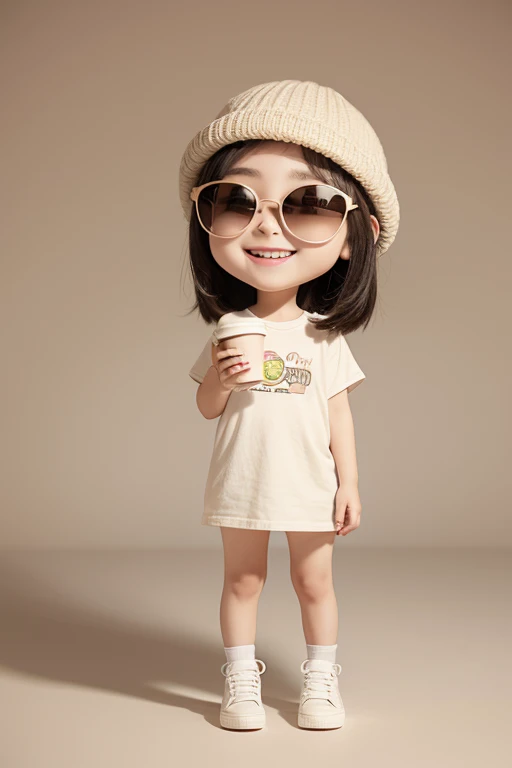 Cartoon chibi style full body portrait rendered using C4D, of happy smiling a cute girl and boy wearing beige hats, sunglasses and white sneakers, holding coffee cups in their hands, with a simple background, using matte clay textures and soft lighting, rich details and best quality. --ar 3:4 --niji 6