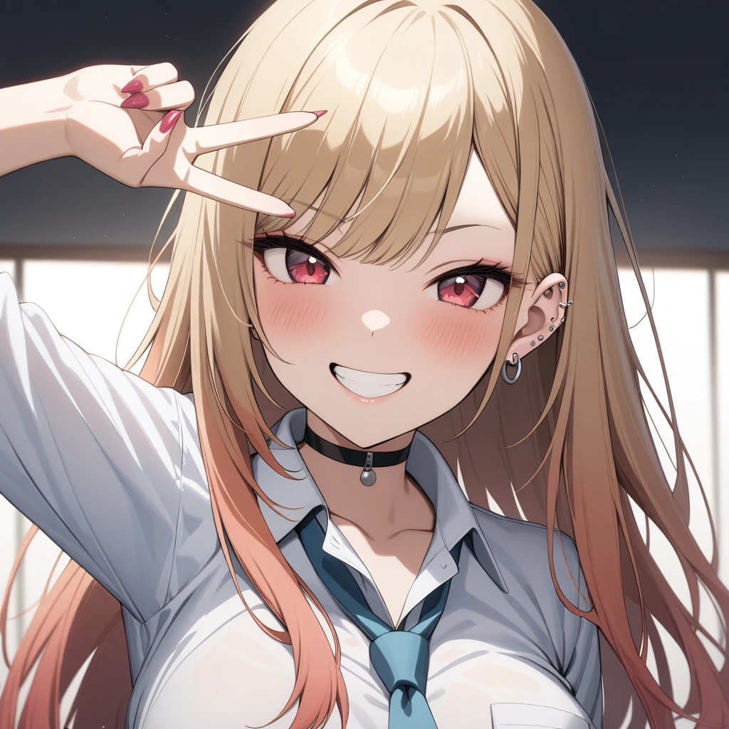 (masterpiece, best quality, very aesthetic, ultra detailed), intricate details,
1girl, kitagawa marin, sono bisque doll wa koi wo suru, blonde hair, red eyes, ear piercing, barbell piercing, black choker, collared shirt, white shirt, earrings, blue necktie, grin, arm up, v, looking at viewer, upper body,