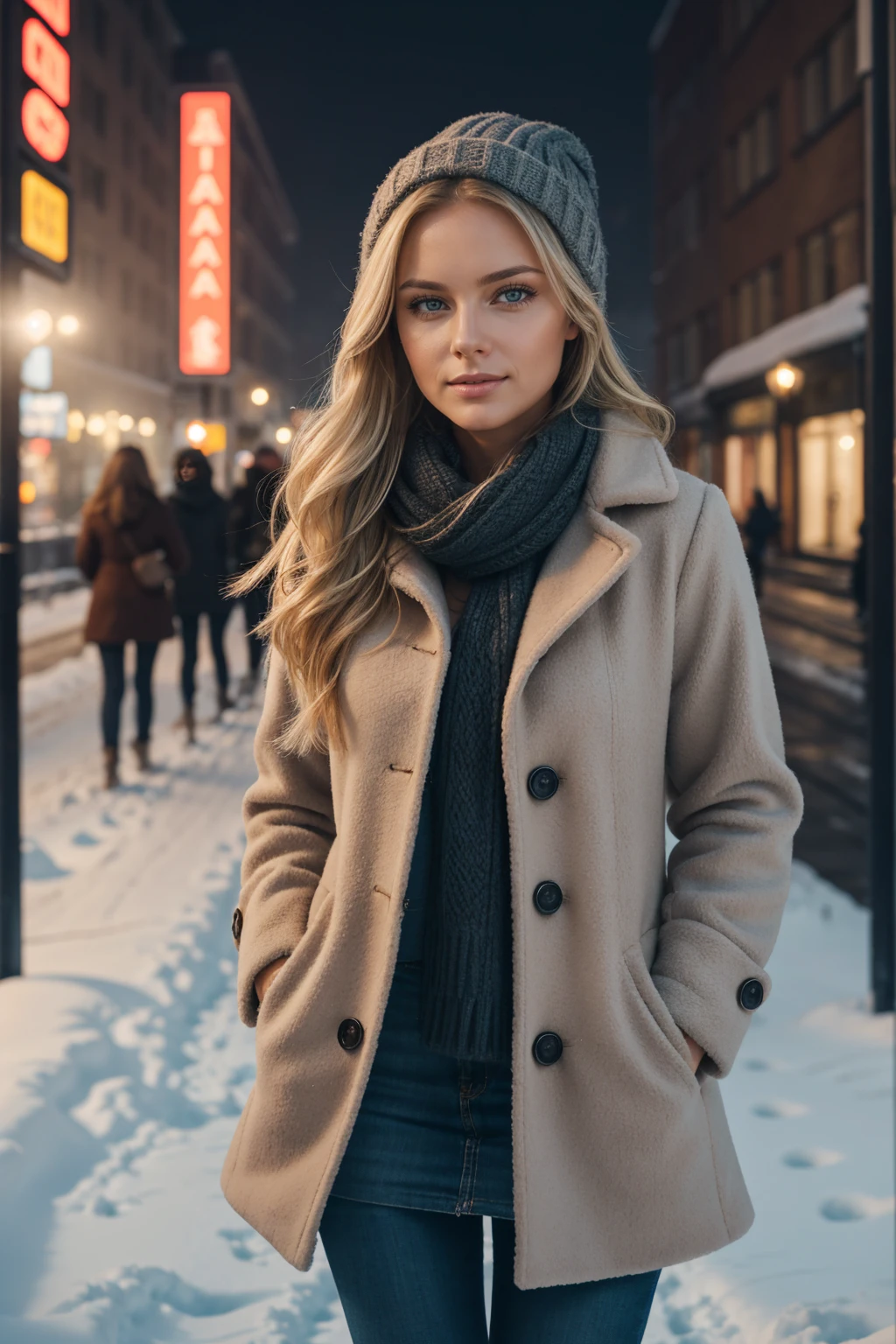 professional portrait photograph of a gorgeous Norwegian girl in winter clothing with long wavy blonde hair, sultry flirty look, gorgeous symmetrical face, cute natural makeup, wearing elegant warm winter fashion clothing, ((standing outside in snowy city street)), stunning modern urban environment, ultra realistic, concept art, elegant, highly detailed, intricate, sharp focus, depth of field, f/1. 8, 85mm, medium shot, mid shot, (((professionally color graded))), bright soft diffused light, (volumetric fog), trending on instagram, hdr 4k, 8k