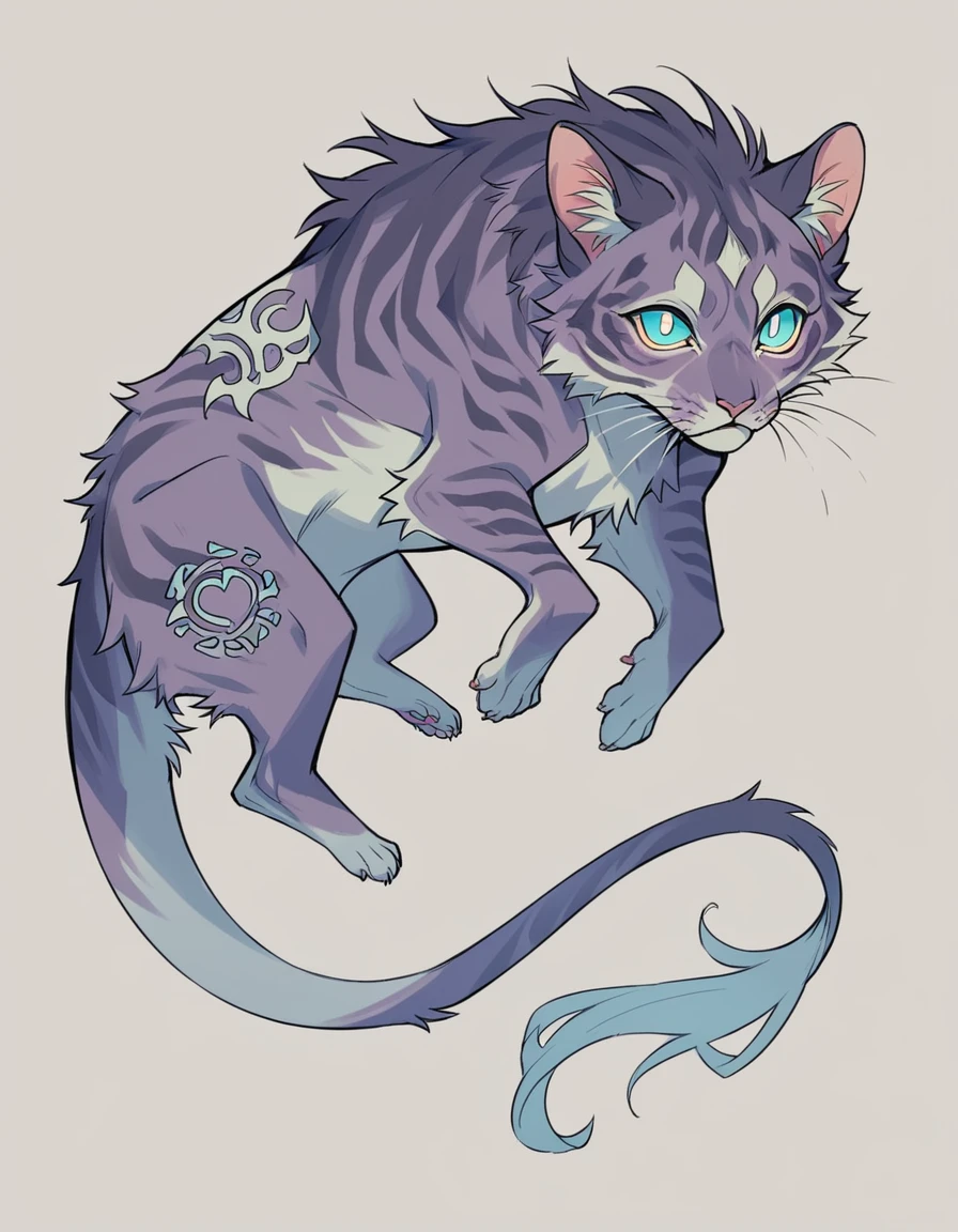 Feral ghost Cat, ALL four ,purple body , blue pupils ,white tone , BLUE tone ,Tattoo body ,whisker , Full body ,