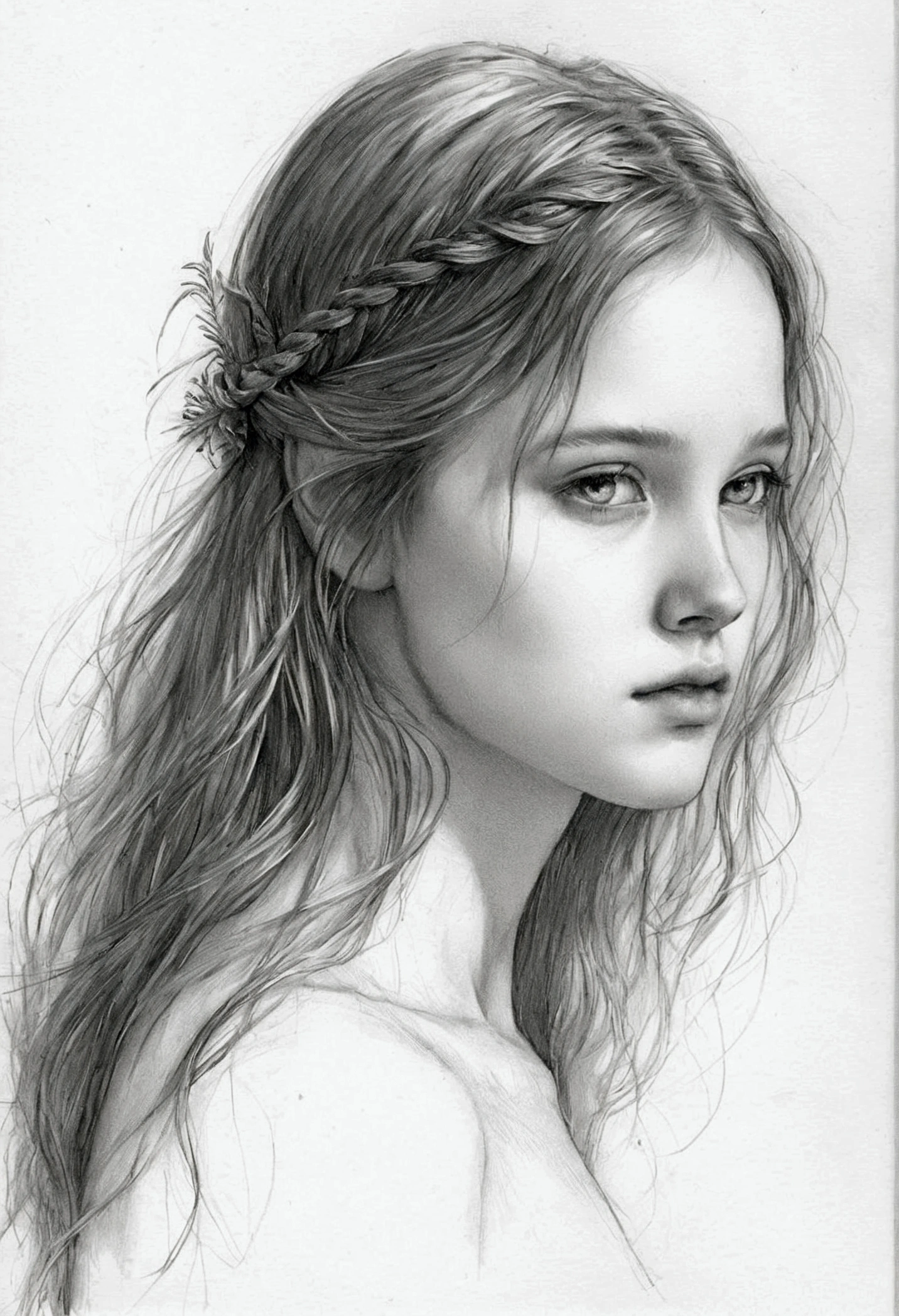 A delicate, graphite sketch shows a naked medival healer girl, her features rendered in subtle shading and precise lines. The framing is tight, focusing attention on the subject's serene face. Soft, feathery strokes convey the gentle texture of her hair, while the delicate curve of her neck is emphasized by the pencil's softness. The overall mood is contemplative, as if the woman is lost in thought.
