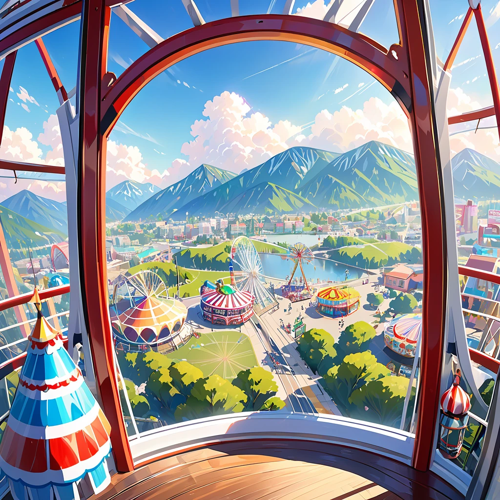 The scenery outside the window of the gondola at the top of the Ferris wheel, distant view, outside the amusement park is a residential area, mountains can be seen in the distance, amusement park,