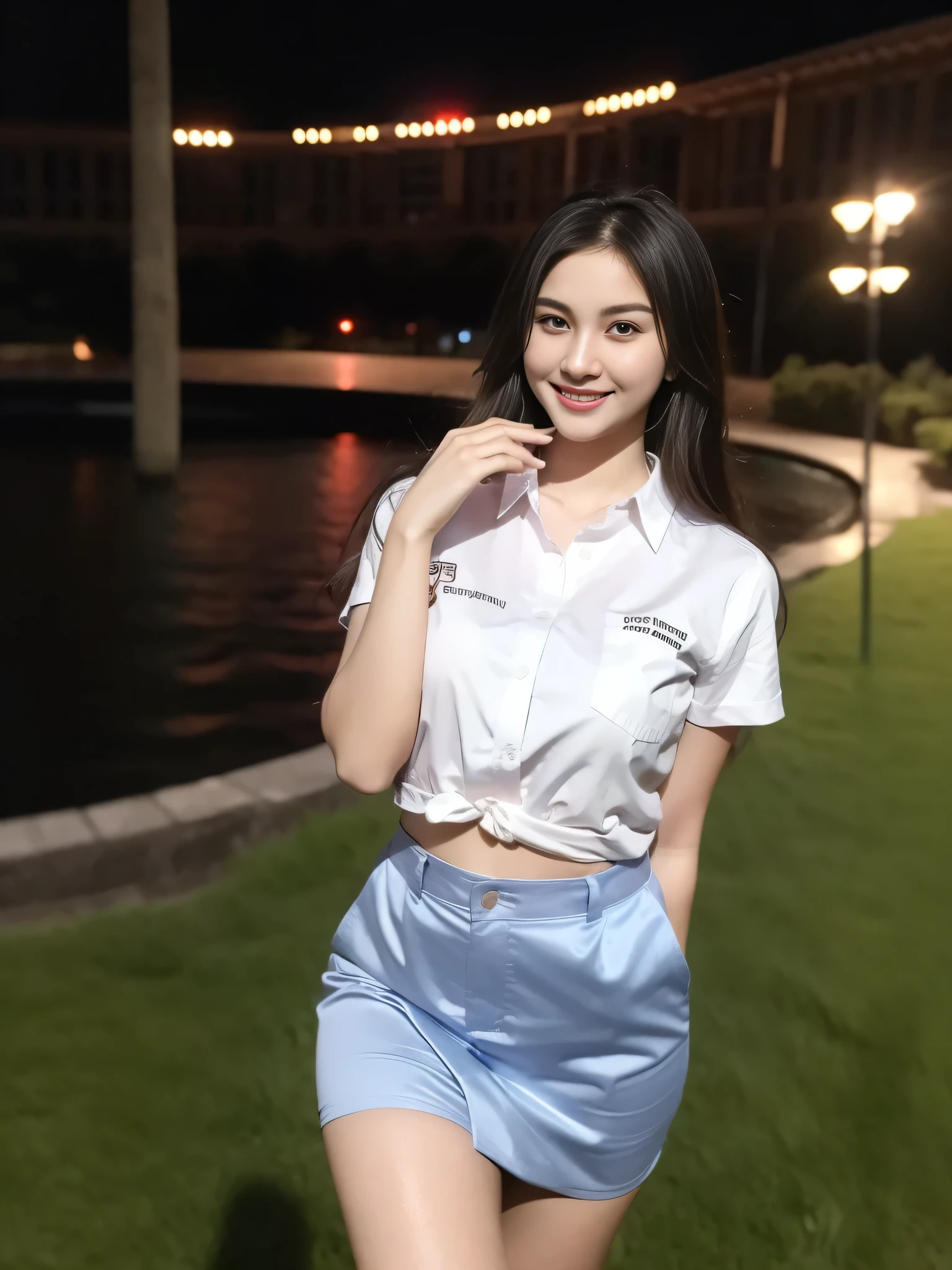 1girl, (uniform), standing, outdoors, night view, detailed Metropolitan city at the background, (Overhead view:1.35), (zoom out: 1.1), detailed face, cute little smile, detailed eyes, medium thick breasts, six pack abs, smooth realistic skin, semi-curvy body, white shirt, grey blue short skirt, looking at the audience, (8k, RAW photo, best quality, masterpiece: 1.2), (realistic, realistic: 1.37), ultra-high resolution