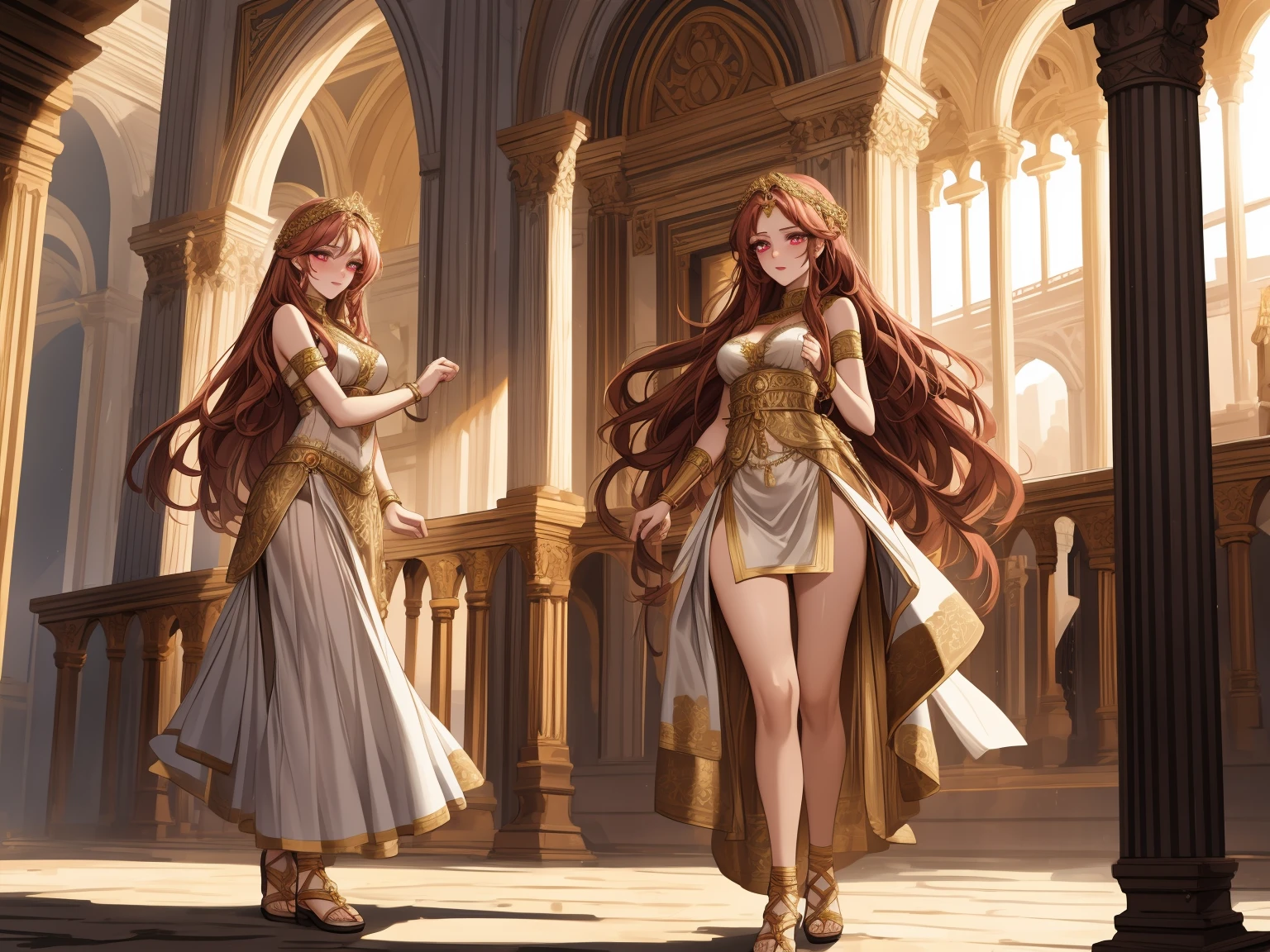 1 Roman princess woman, with very long reddish wavy hair, eyes yellow like gold, her skin is pale like porcelain, her eyes are big and beautiful, long eyelashes, her facial lines are soft and delicate, beauty, temptation , beautiful, beautiful and shapely full body, delicate in nature, detailed, blushing, blushing, spotlights, complicated details, exuding an attractive atmosphere, 20 years old, height 156cm, Best quality, high detail, high quality, 8k, detailed eyes , view from afar, full body, Roman princess look, Roman princess style clothing, Roman sandals, full view, Roman princess costume, full body, high resolution, Ultra-sharp, 8k, Masterpiece, (high resolution) , ((tmasterpiece)), ((Best quality)), roman colosseum setting, ancient rome city, Highly detailed, depth, beautiful pose, Masterpiece, Best quality, high detail, high quality, best quality, intricate details perfect, detailed face
